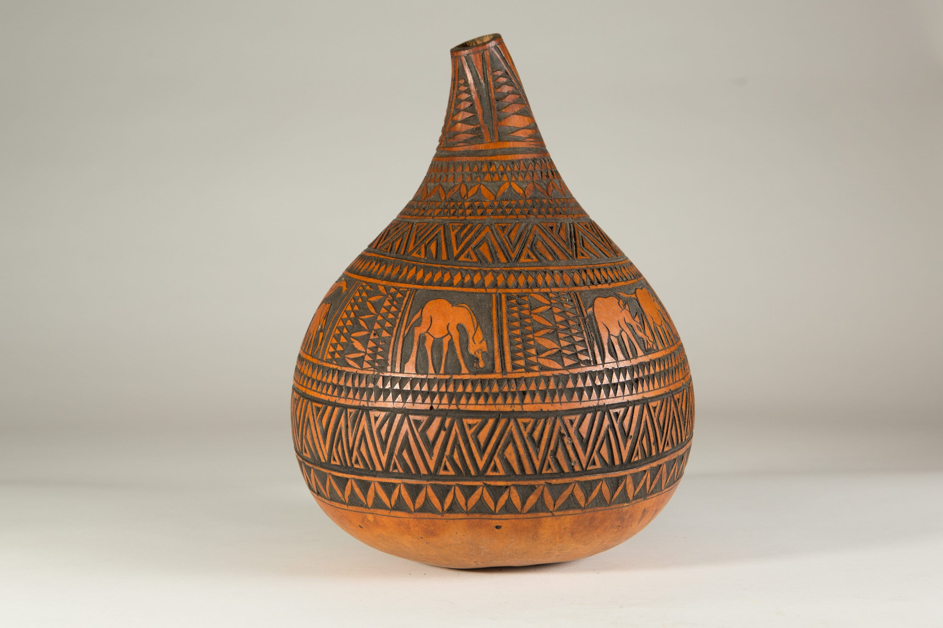 Africa Gourd Calabash Kenyan Carved Jug Vase Vintage Orange and