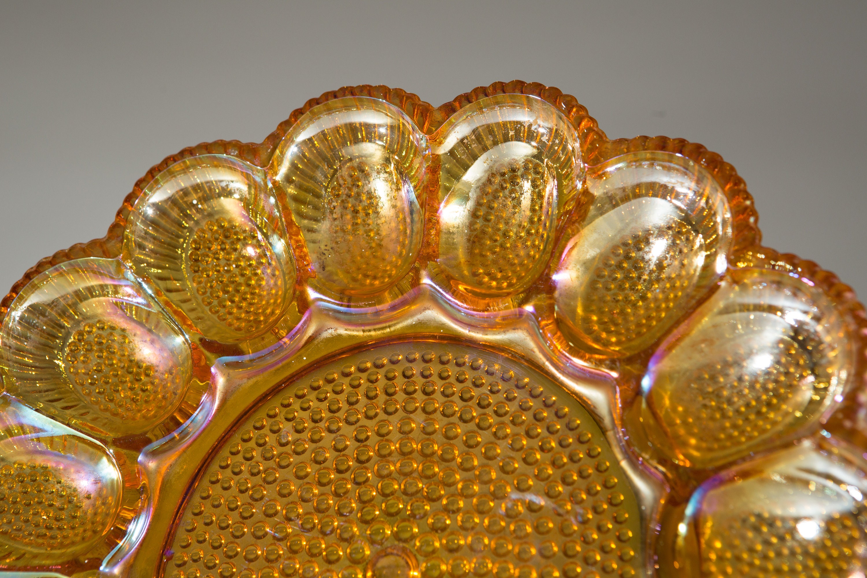 Vintage Deviled Egg Plate Indiana Glass Iridescent Orange Hobnail