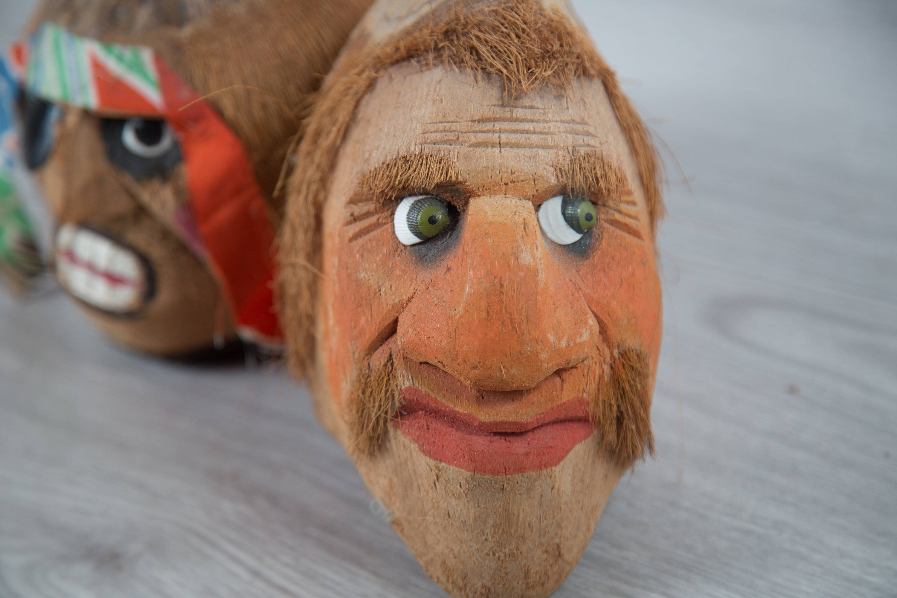 Vintage Coconut Pirate Heads / Pair of Tropical Hanging Carved Coconut