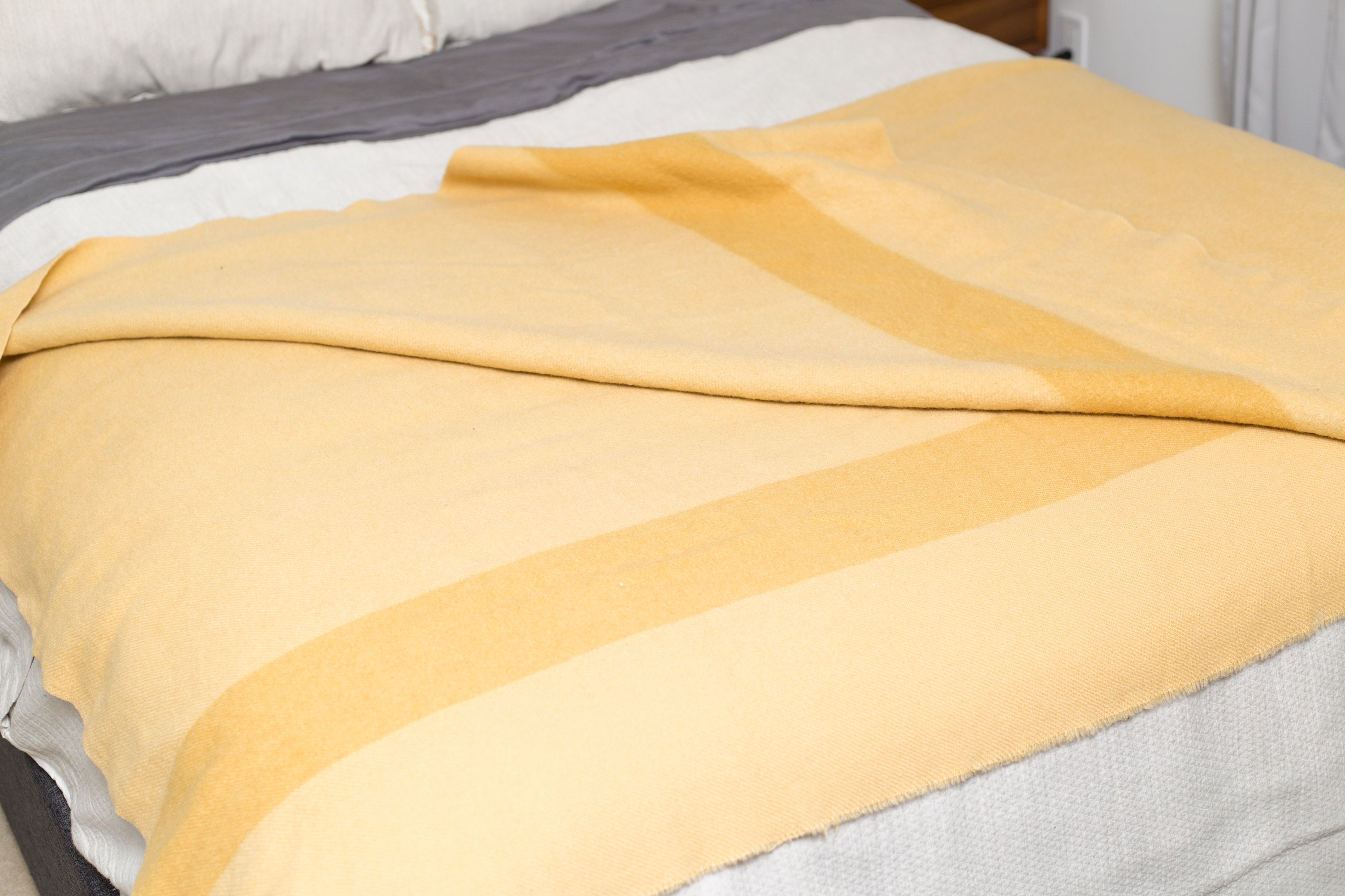 Yellow Wool Stripe Blanket Large Vintage Trapper Point Wool Blanket