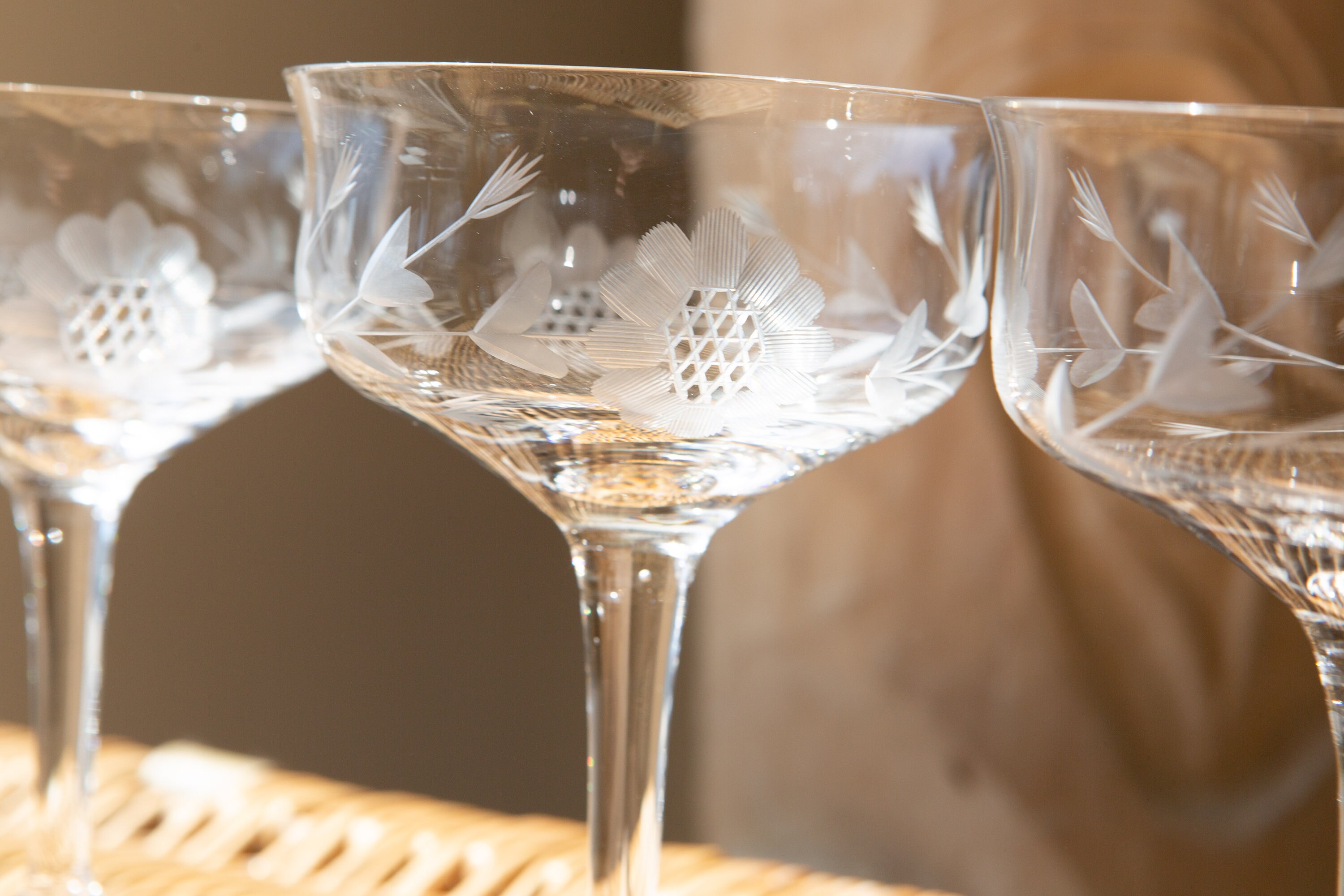 3 Champagne Coupe Crystal Glasses 6oz Mid Century Modern Hollywood