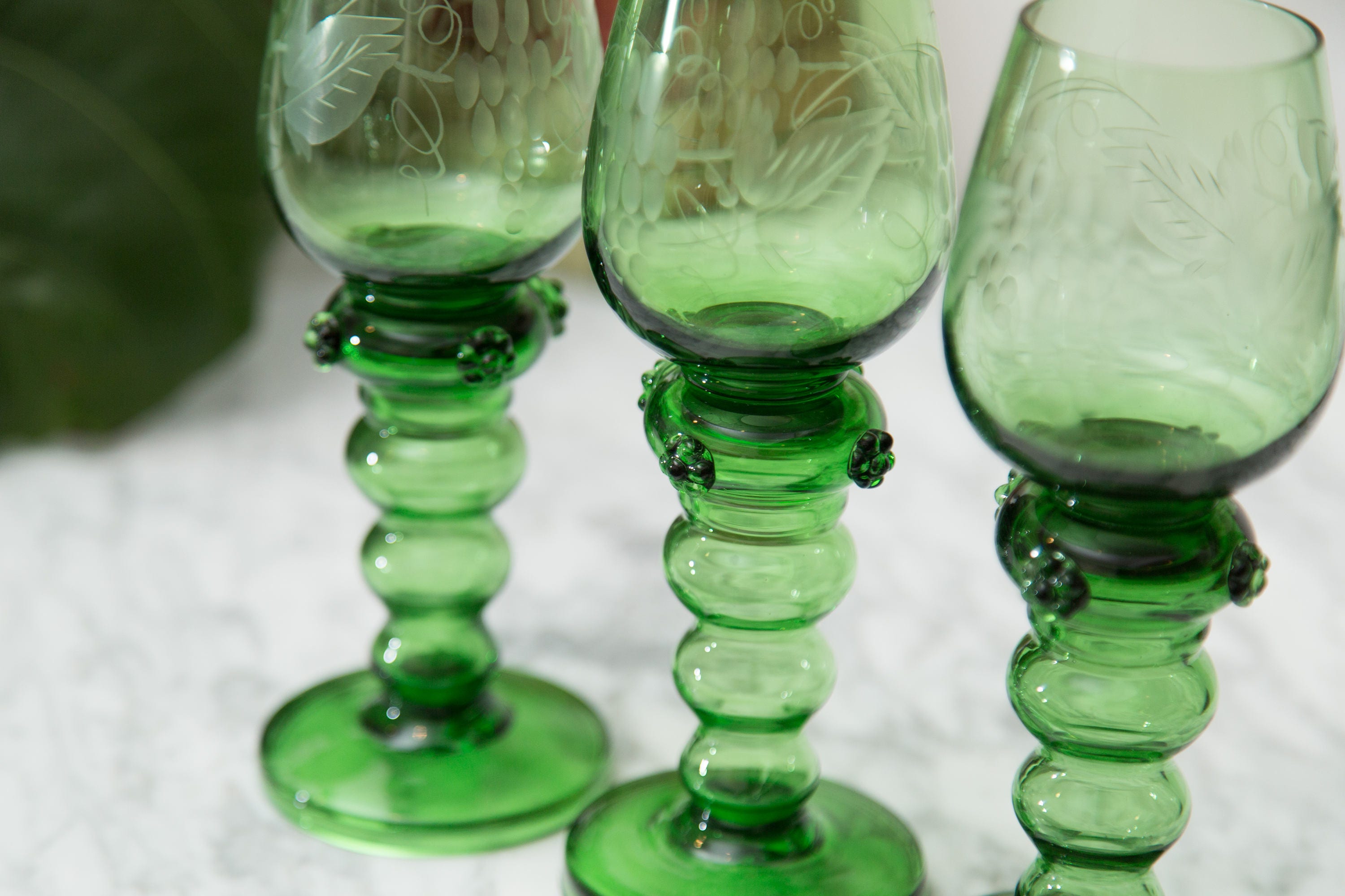 Green Wine Glasses Antique Handblown Floral Etched Set of 3 Tropical