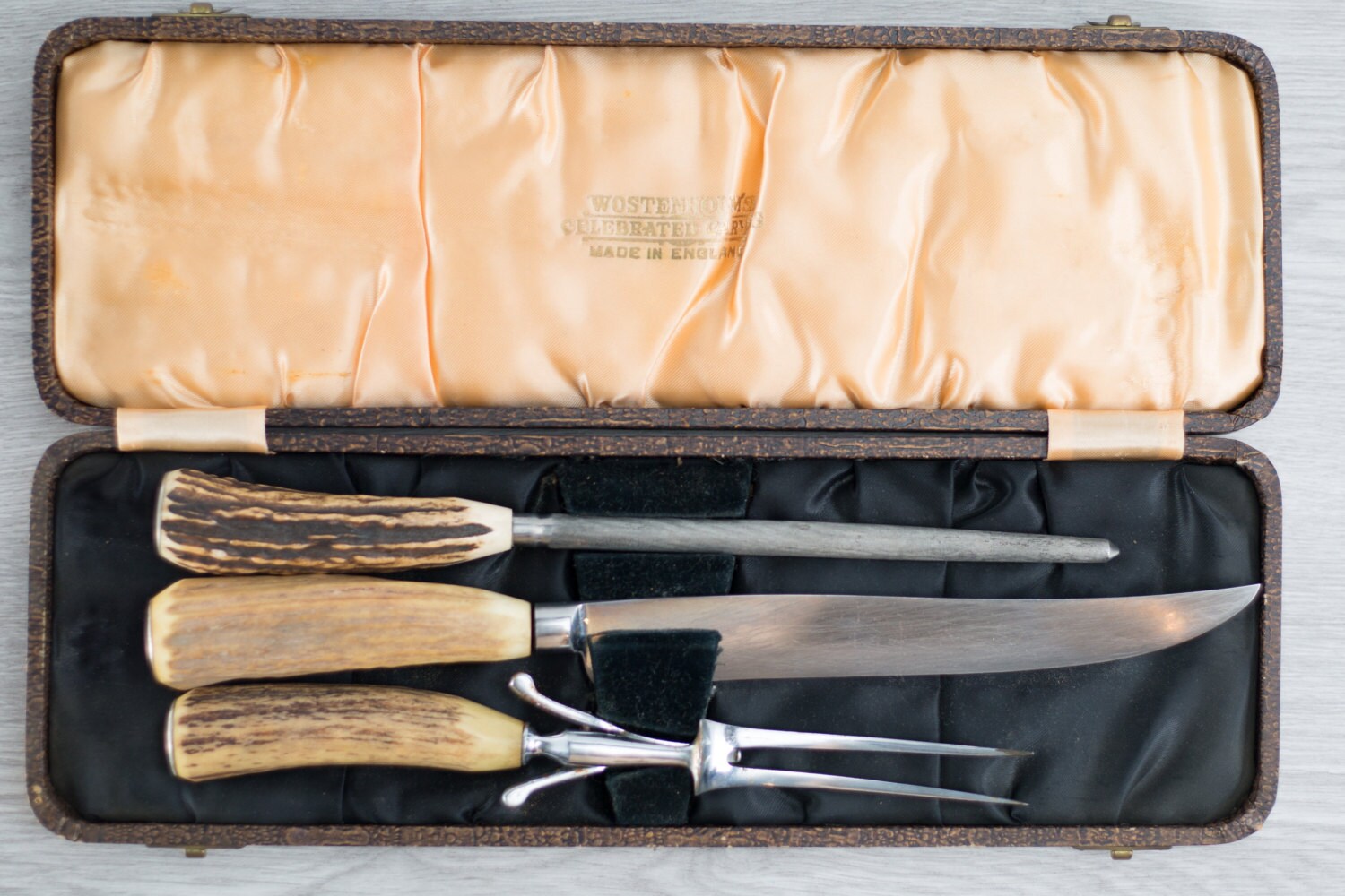 Turkey Carving Set / 3Piece Vintage Wostenholm Knife, Fork, Sharpeper