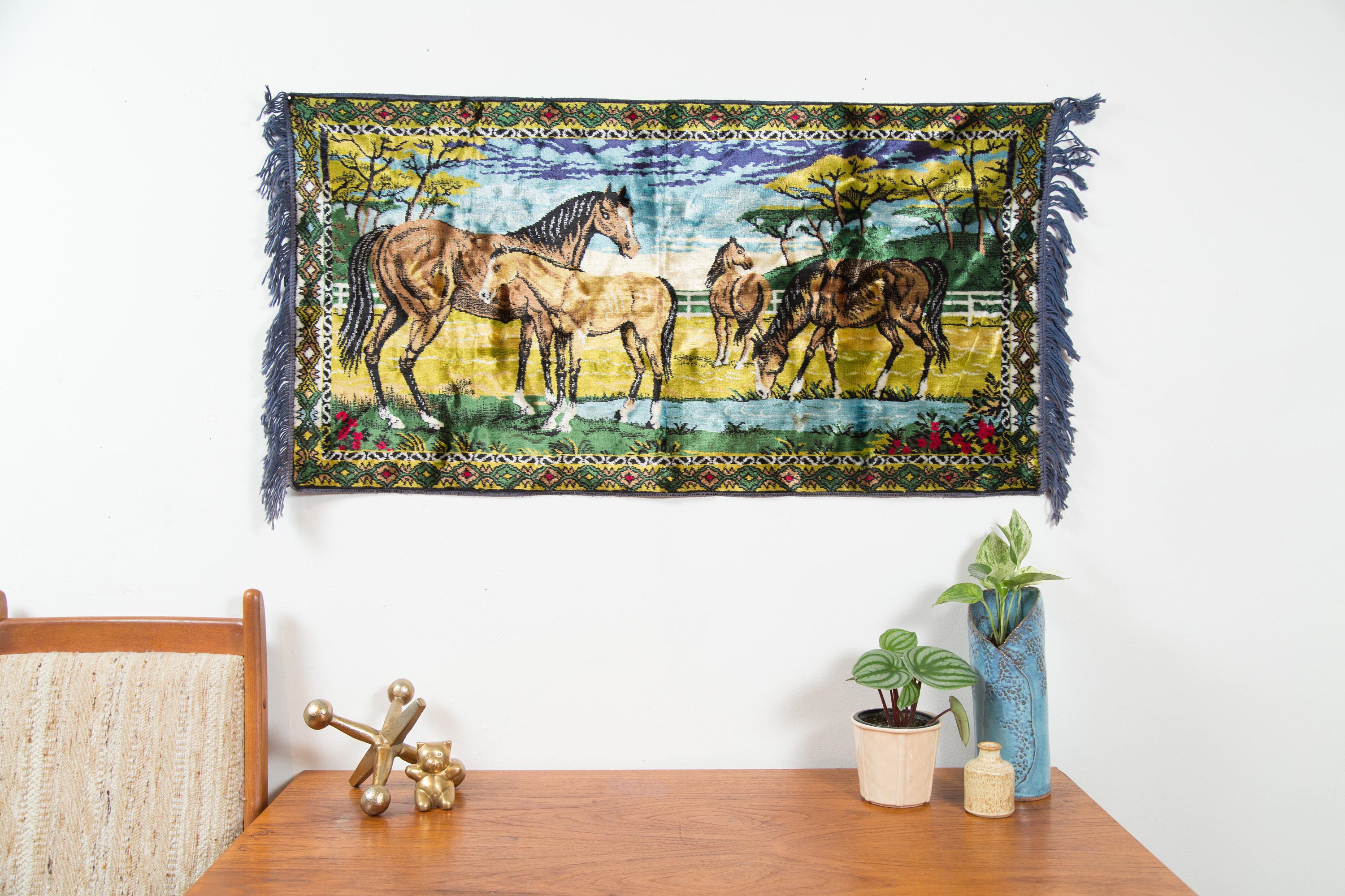 Vintage Horse Tapestry Wall Hanging / 1970's Mid Century Modern