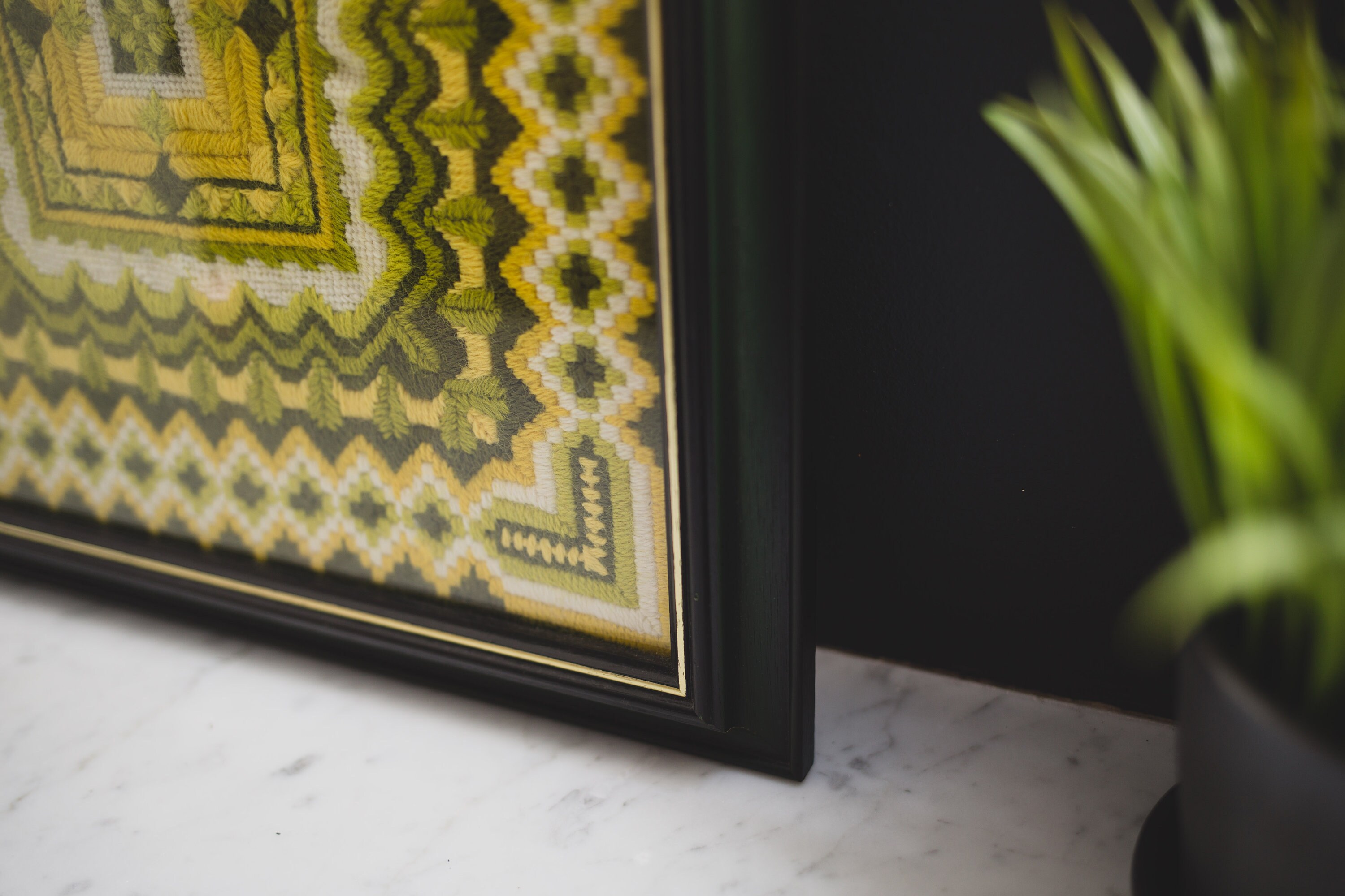 Vintage Needlepoint Artwork - Geometric Green and Yellow Wood Framed