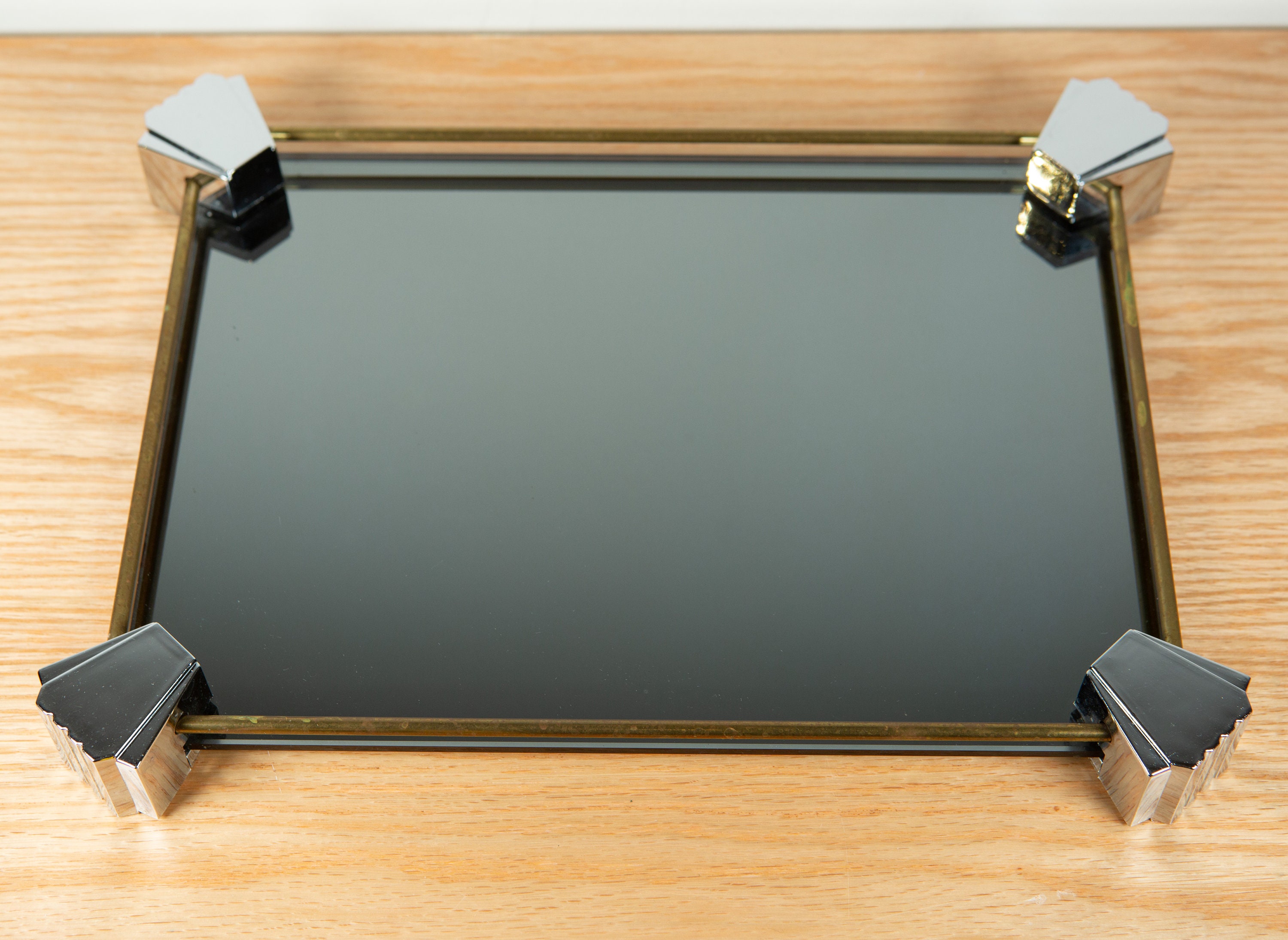 Vintage Mirrored Tray Art Deco Silver and Gold Coloured Jewelry Tray