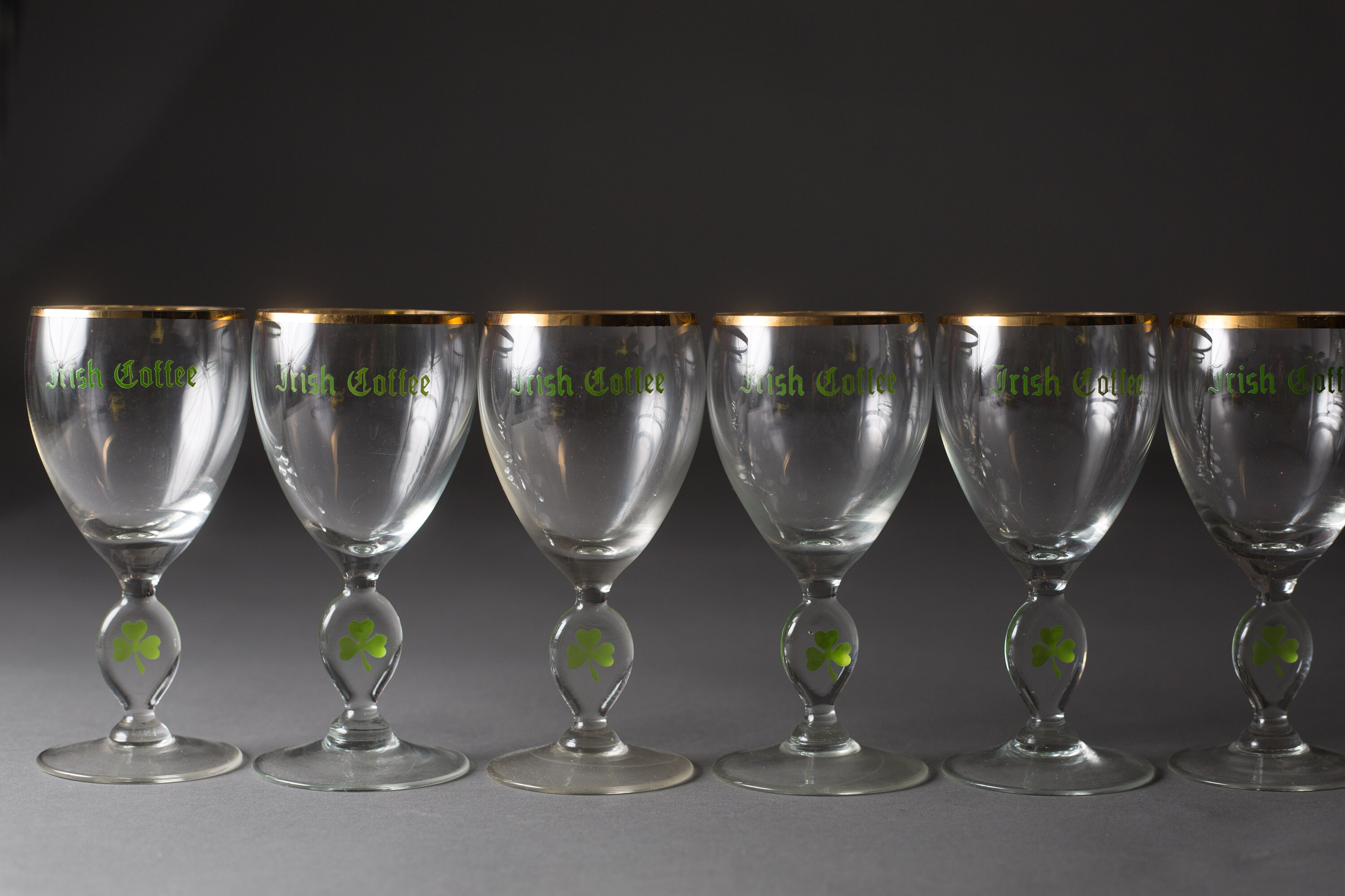 Irish Coffee Glass Vintage Gold Rim Four Leaf Clover Specialty Coffee Stemware Mid Century