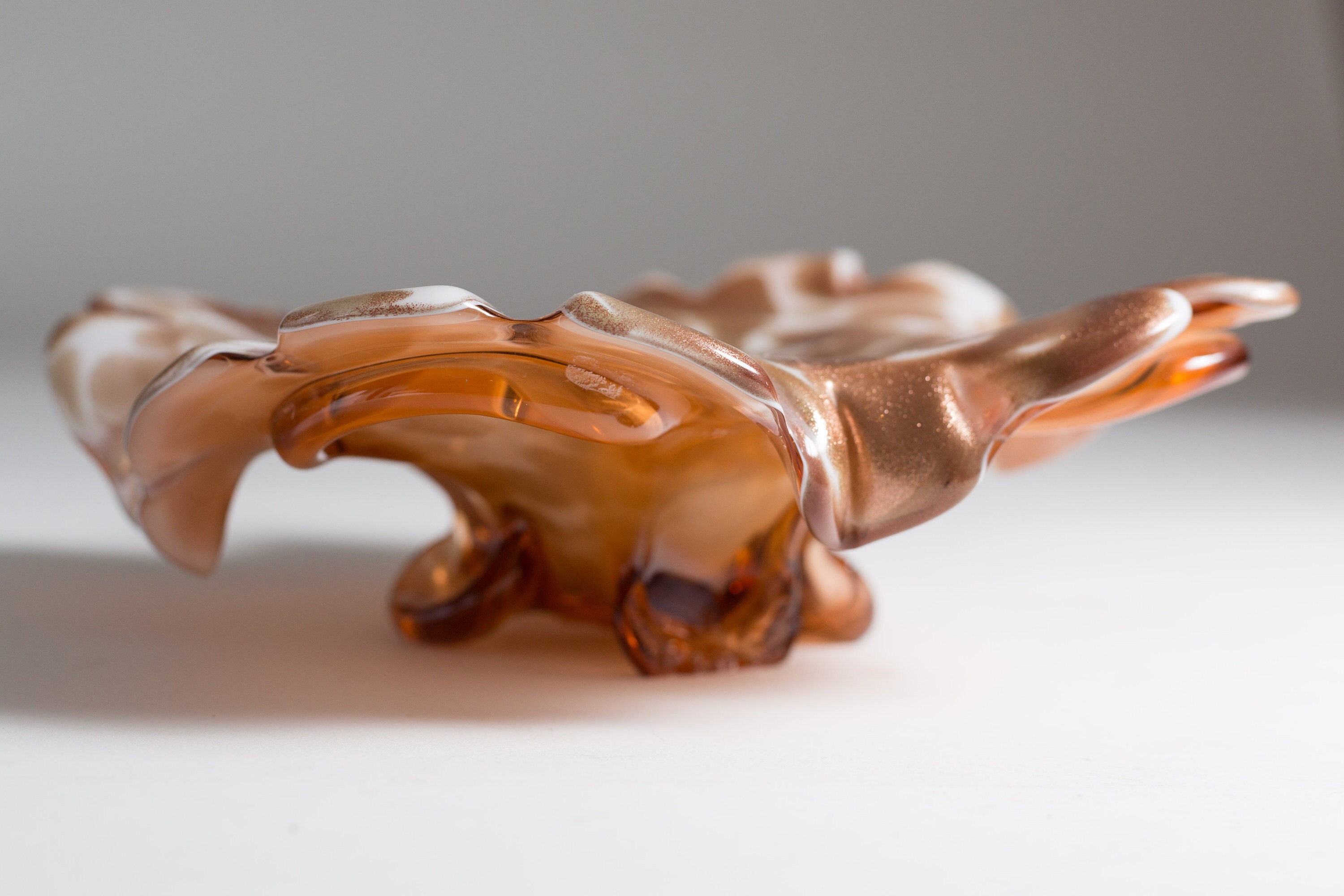 Copper Art Glass Dish Handblown Sparkly Copper and White Flower Style