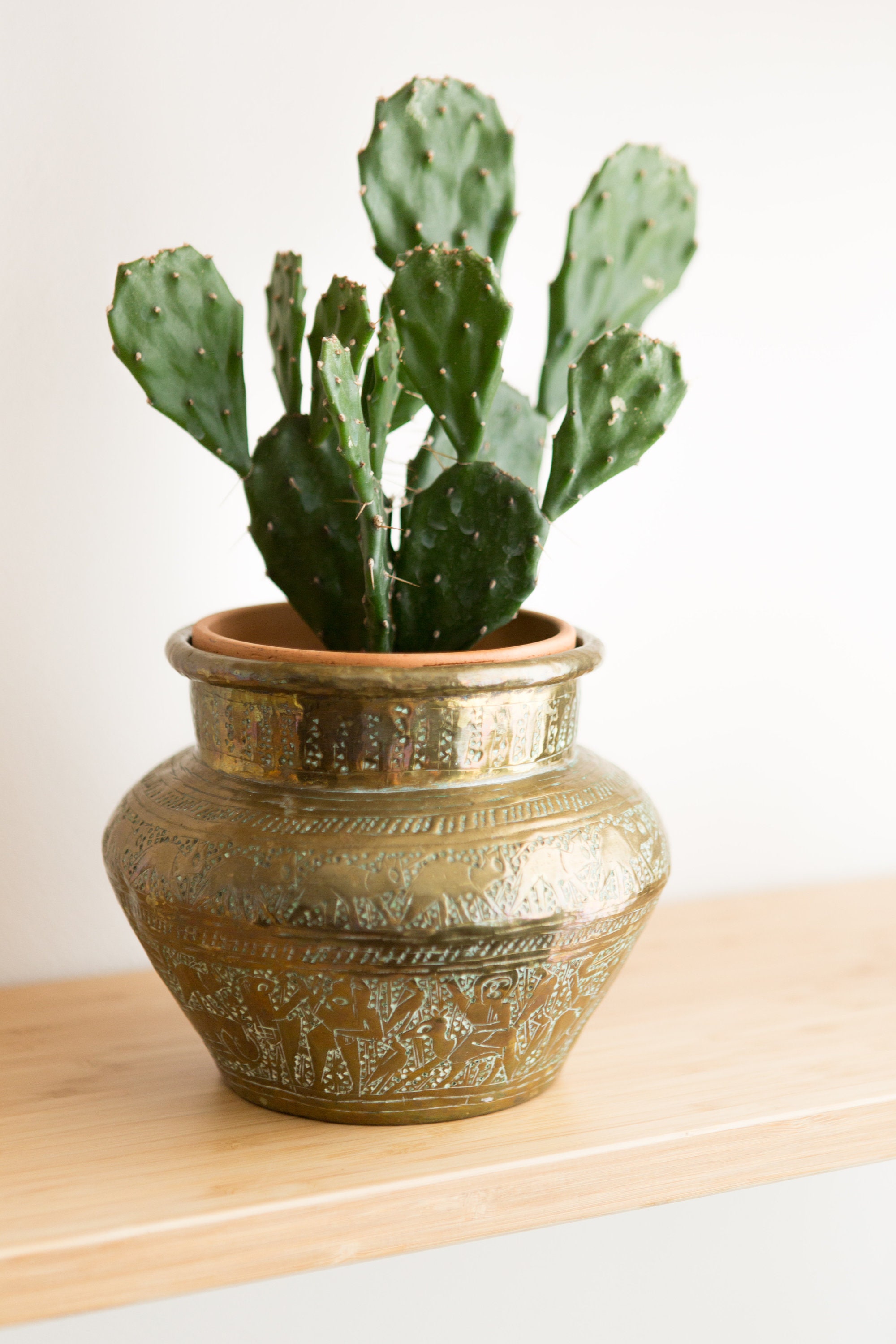 Egyptian Brass Planter Vintage Pot with Pyramids, Sphinx Round