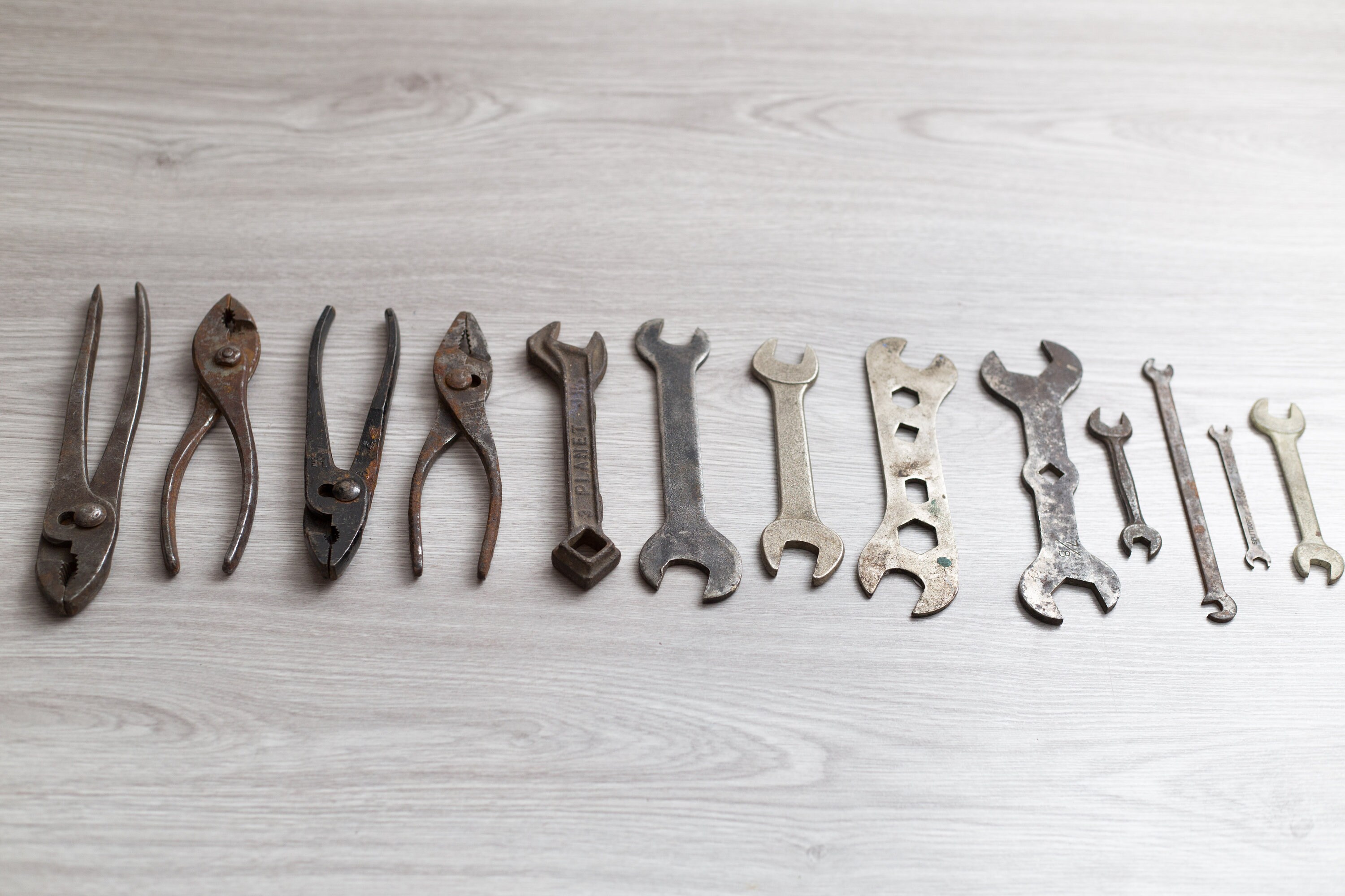 Vintage Wrench Set 13 Metal Wrenches and Pliers Antique Tools Retro Mechanics