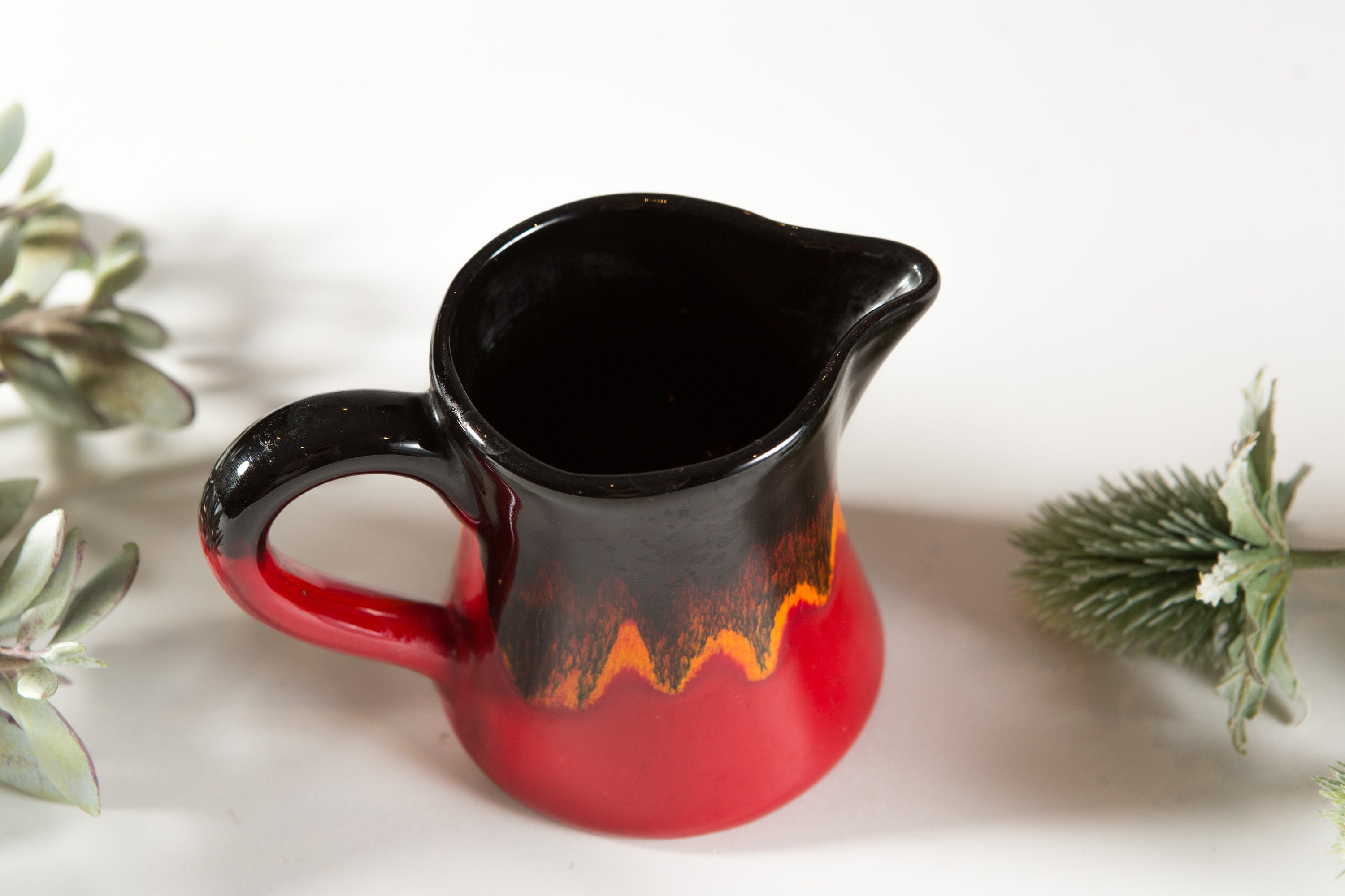 Vintage Ceramic Creamer Laval Glaze Red and Yellow Earthtone Coffee