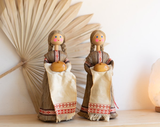 Vintage Horse Hair Dolls - Pair of Eastern European / Russian Folk Art Dolls with Wood - European Standing Dolls with Cloth, Pots