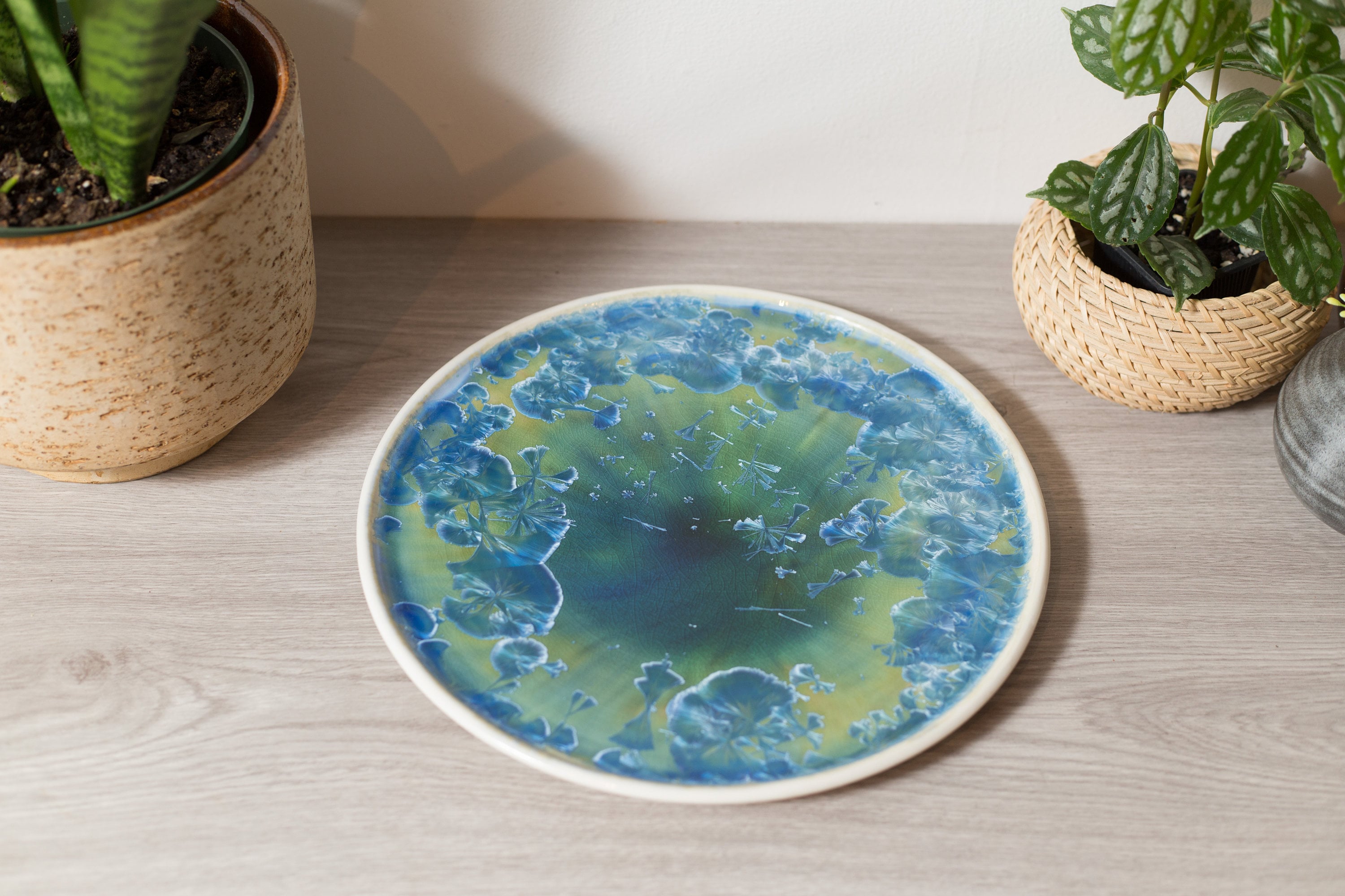 Vintage Decorative Plate Earth Ocean Planet Space Theme Decor Crackled Blue and Green Artist Hand Made Ceramic Studio Pottery Platter