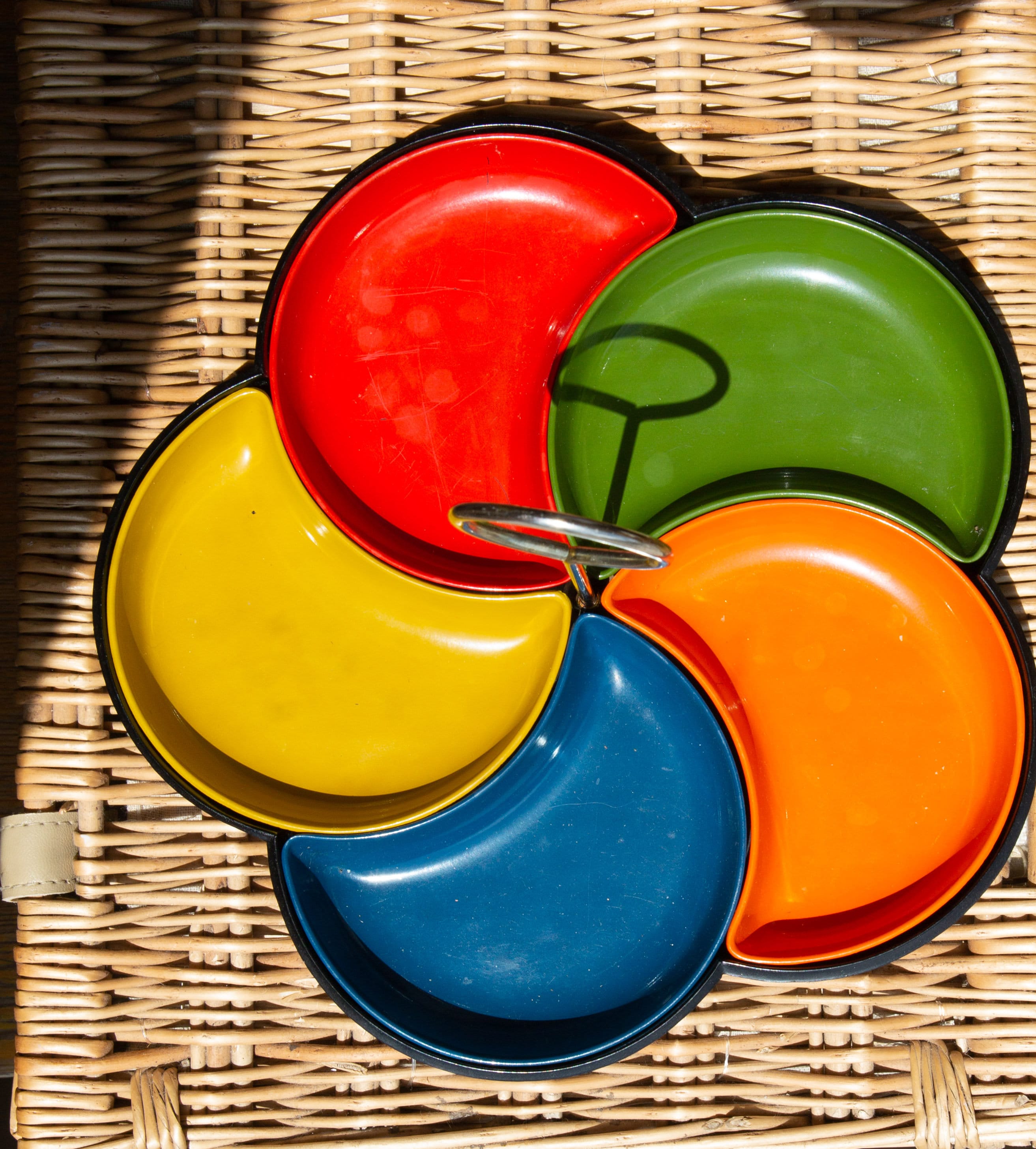 70's Divided Plastic Tray with Rainbow Colors and Metal Carrying Handle