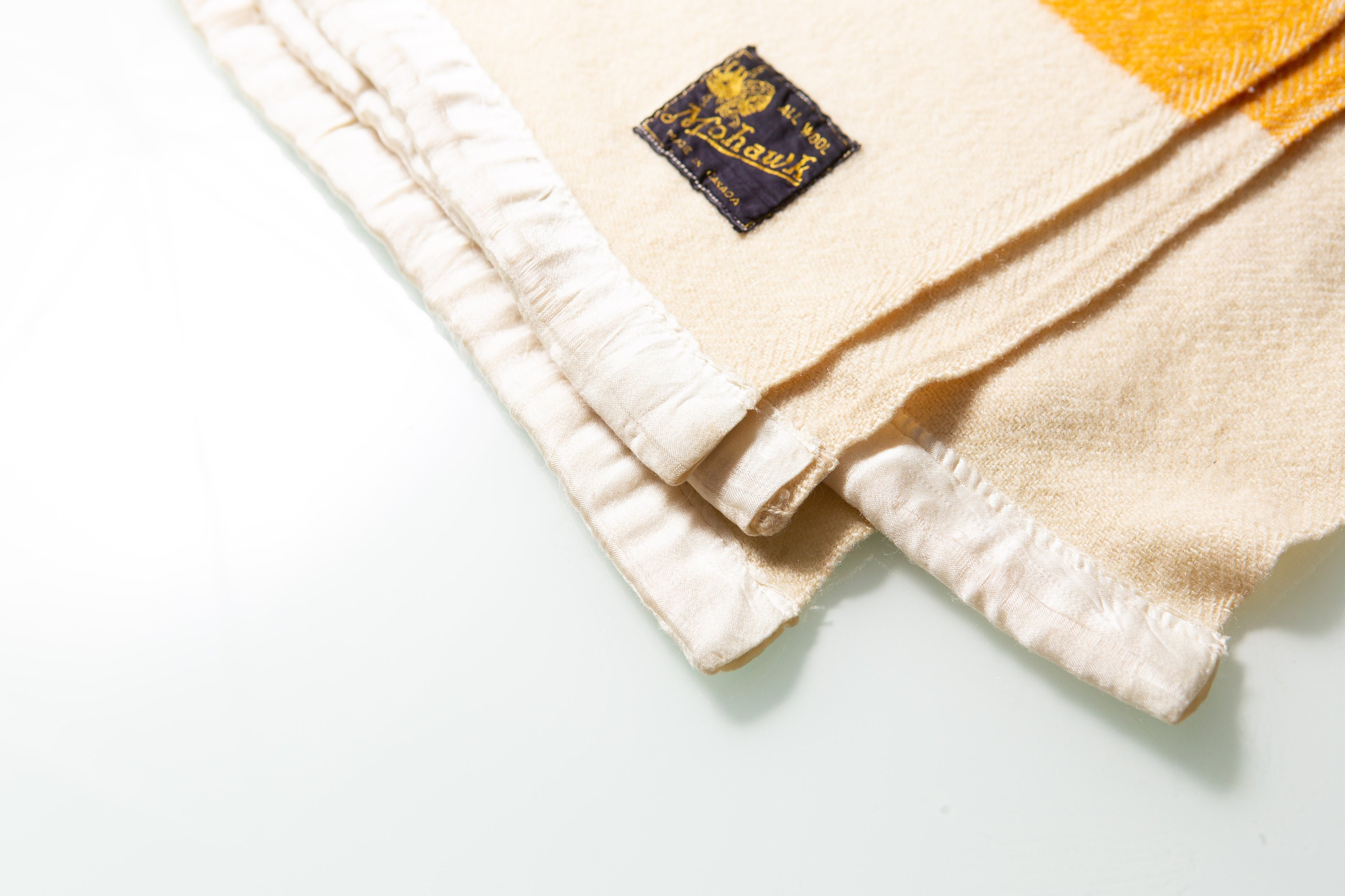 Vintage Striped Blanket Large Mohawk Cream Wool Bed Cover Made in