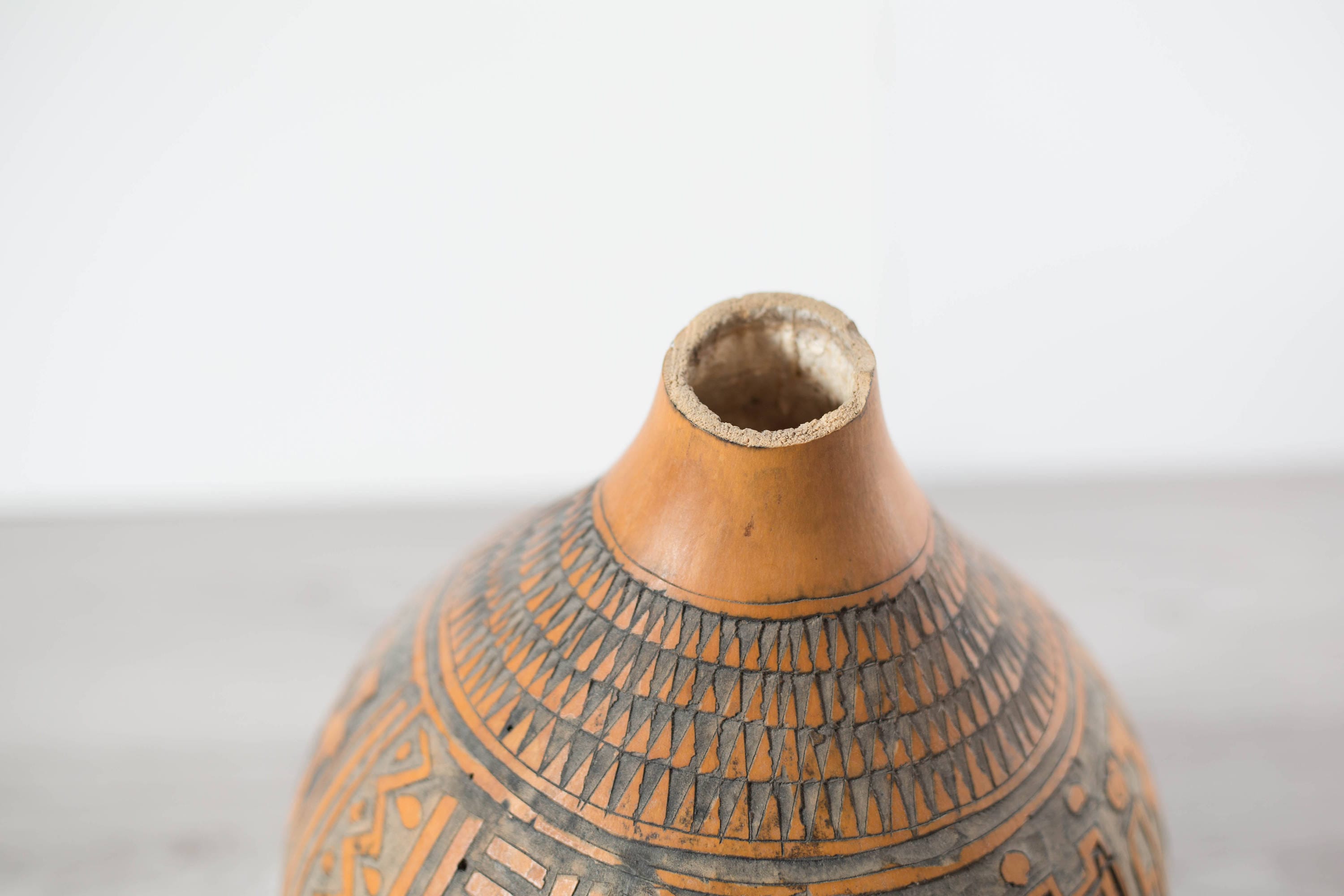 Africa Gourd Calabash Kenyan Carved Jug Vase / Vintage Orange and Brown