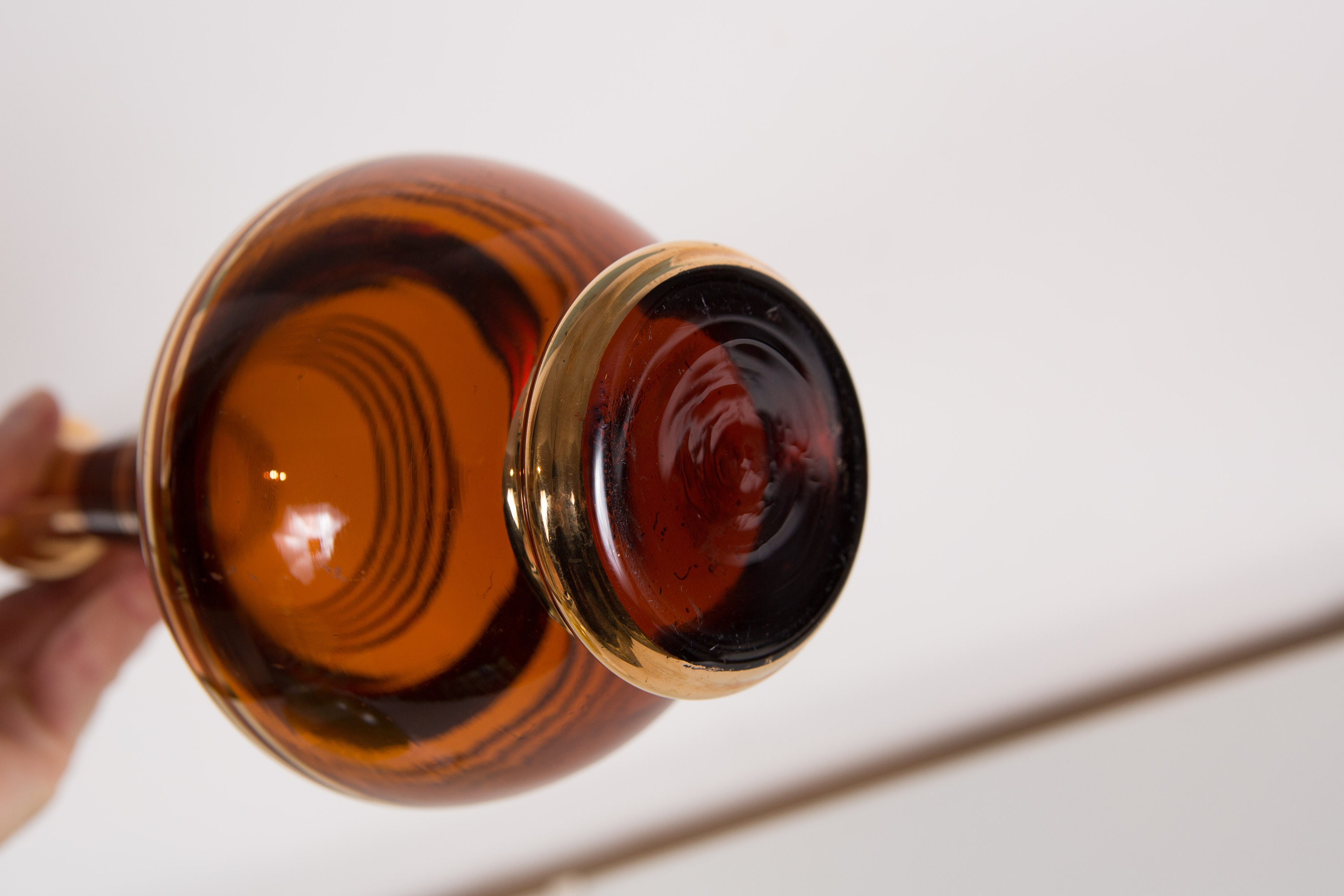 Brown Glass Decanter with Gold Stripes Vintage Smoke Brown Metallic