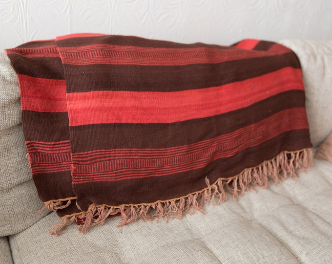 Vintage Bed Cover / Area Rug - Loom Woven Red and Brown Wool Blanket with Fringe - Cottage Farmhouse Rustic Decor