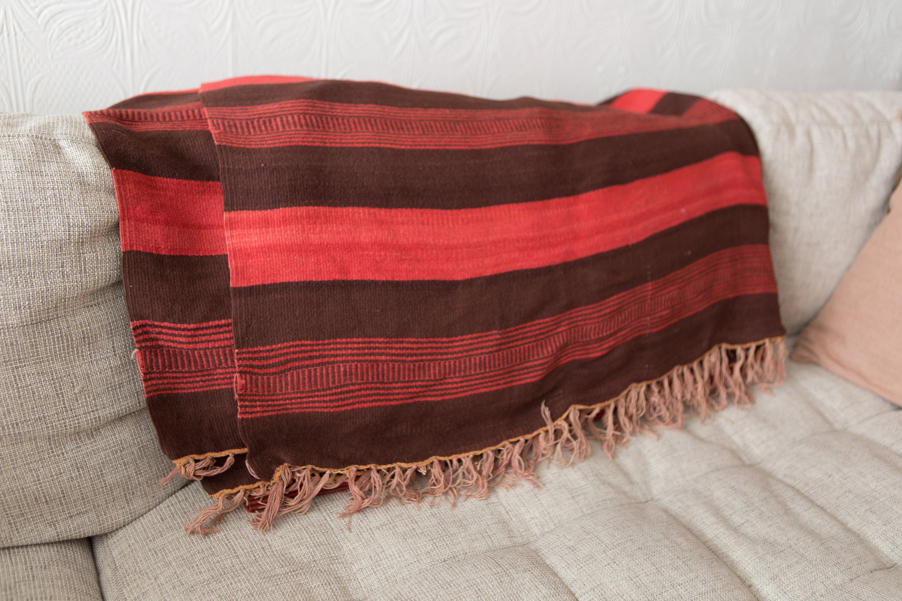 Vintage Bed Cover / Area Rug Loom Woven Red and Brown Wool Blanket