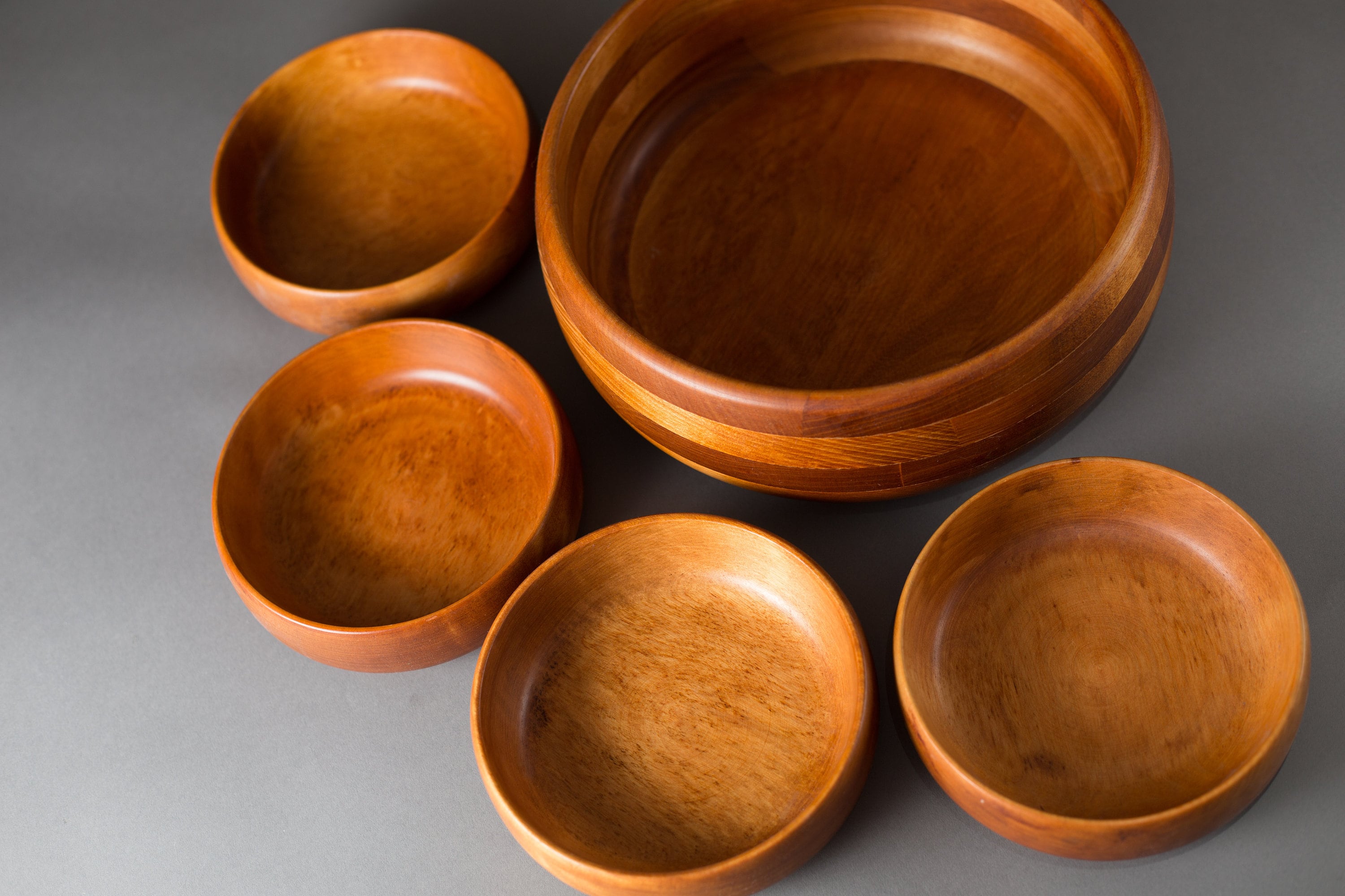 Wood Salad Bowl Set Set of 5 Vintage Solid Maple Wood Food Safe Serving Appetizer Dish