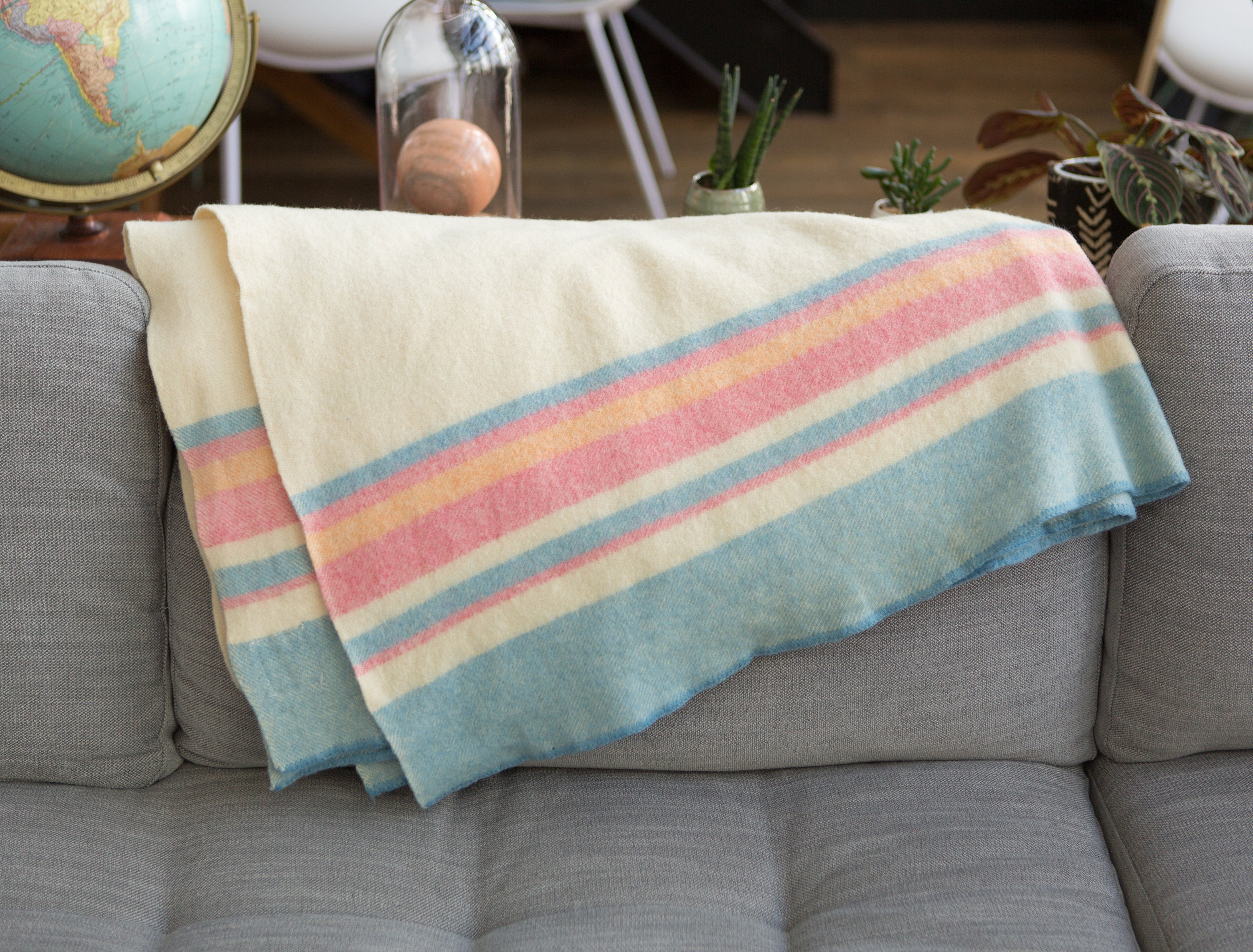 Vintage Striped Blanket Wool Blue and Pink Pinstripe Throw