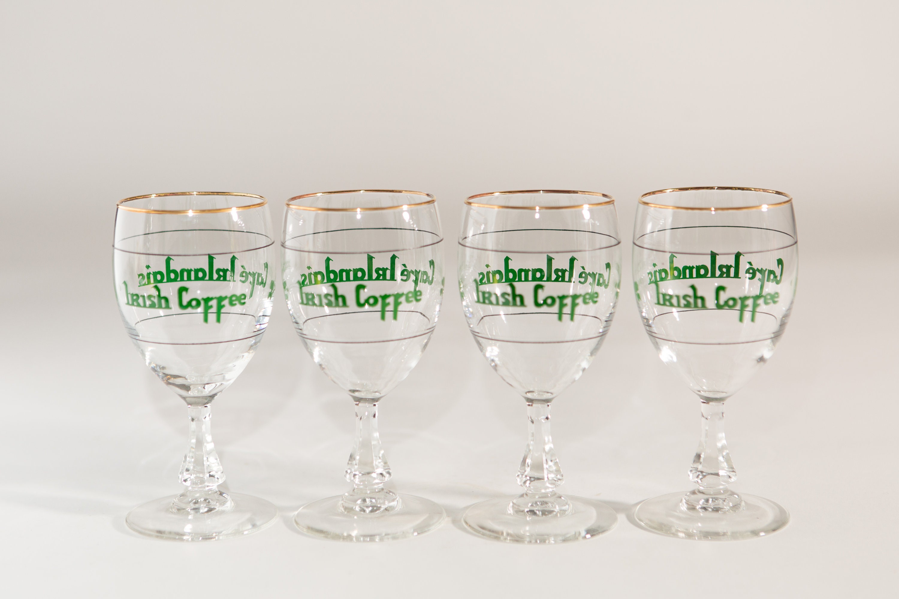 4 Irish Coffee Glasses Vintage Gold Rim Lucky Charm Specialty Coffee Stemware Father's Day