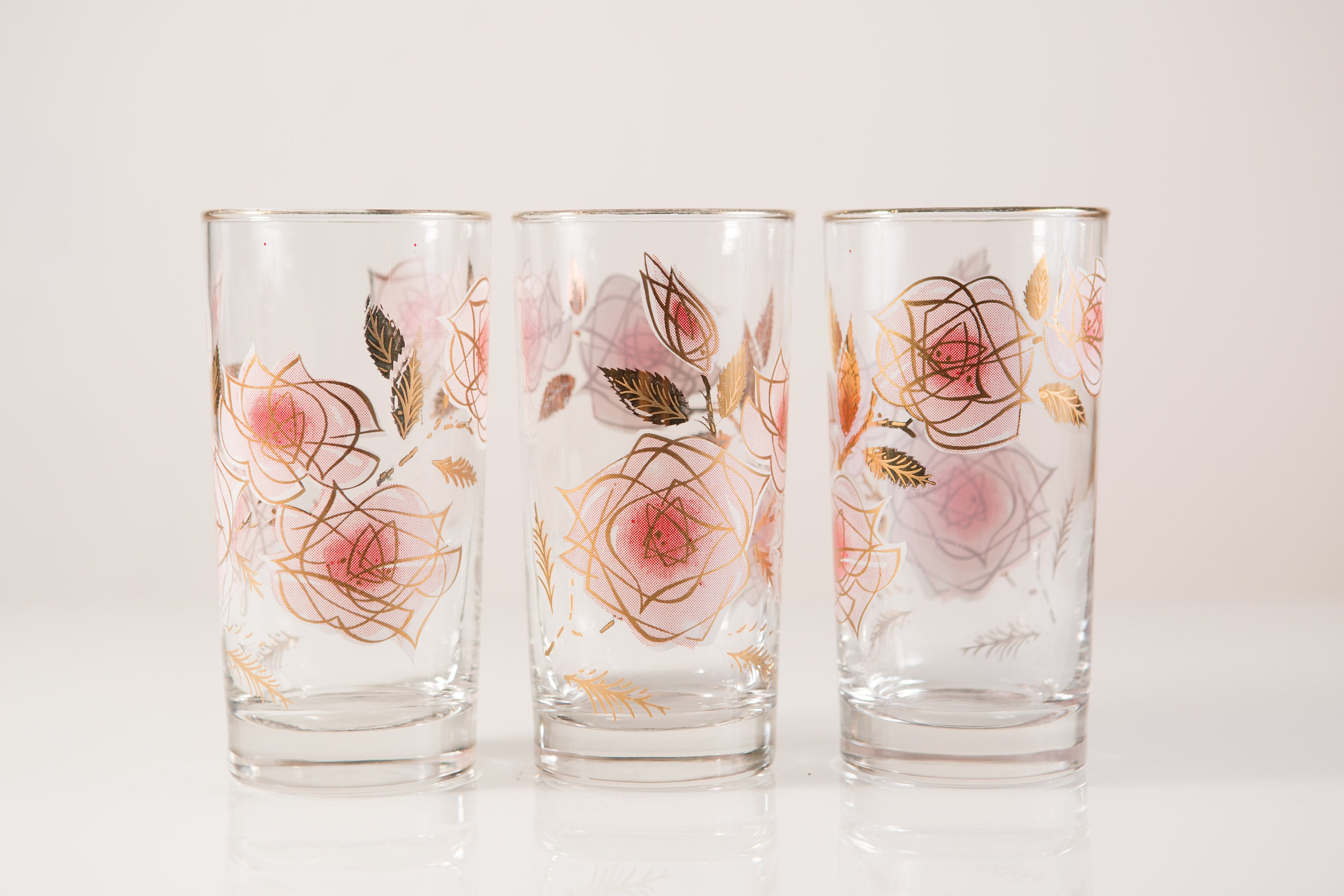 3 Vintage Glasses with Pink and Gold Floral Pattern Ornate Rose