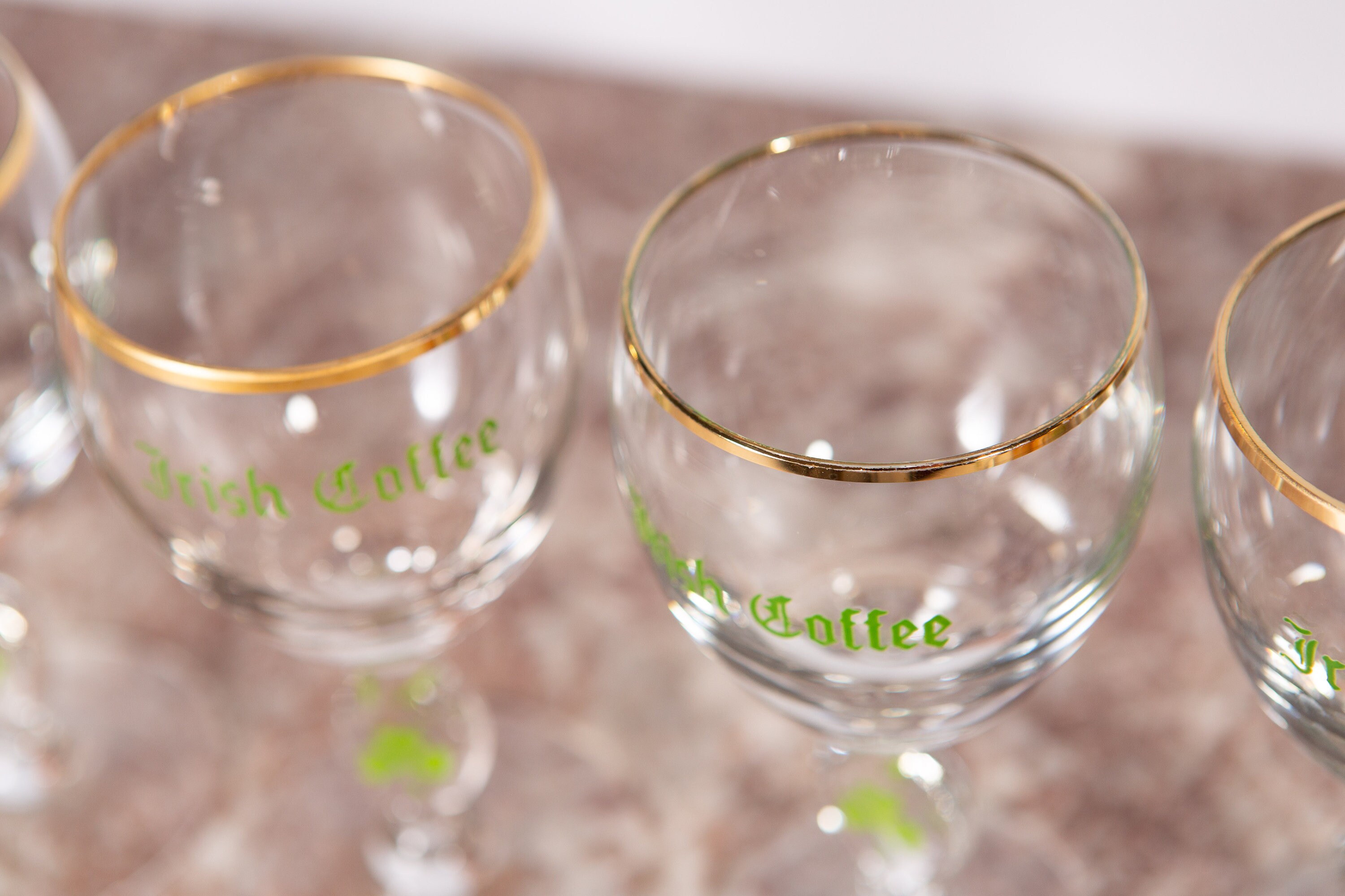 6 Irish Coffee Glasses Vintage Gold Rim Lucky Charm Specialty Coffee Stemware Father's Day