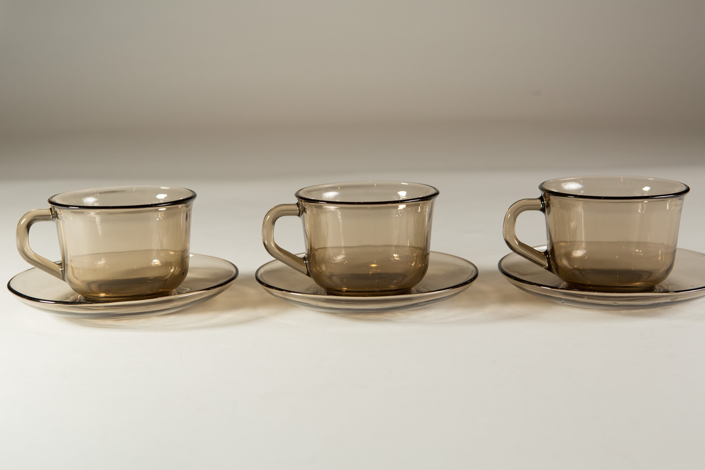 Vintage Glass Mugs Set of 3 Smoky Grey Coffee or Tea Mugs with