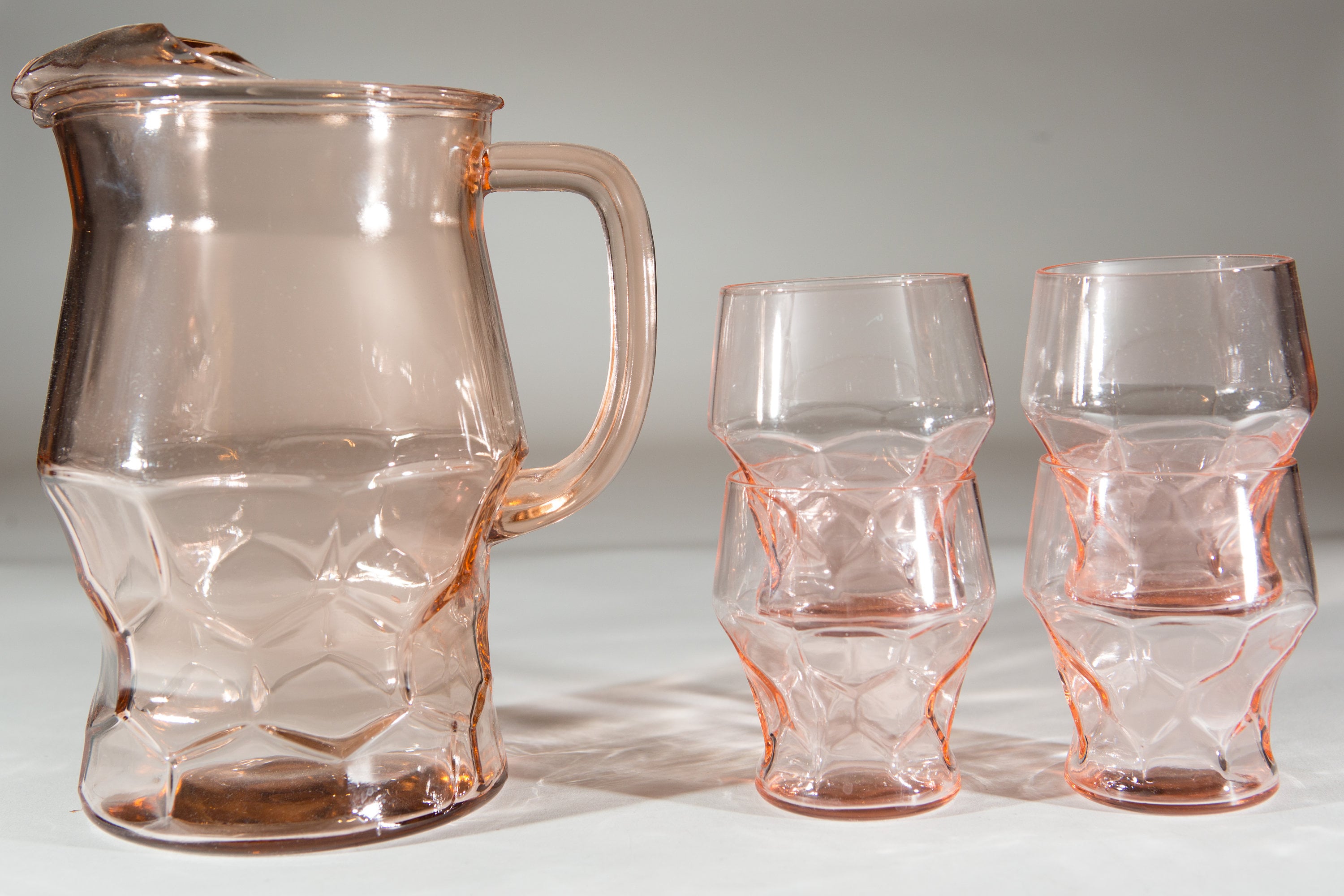 Pink Glass Pitcher and Glasses Set Pattern Cocktail Juice