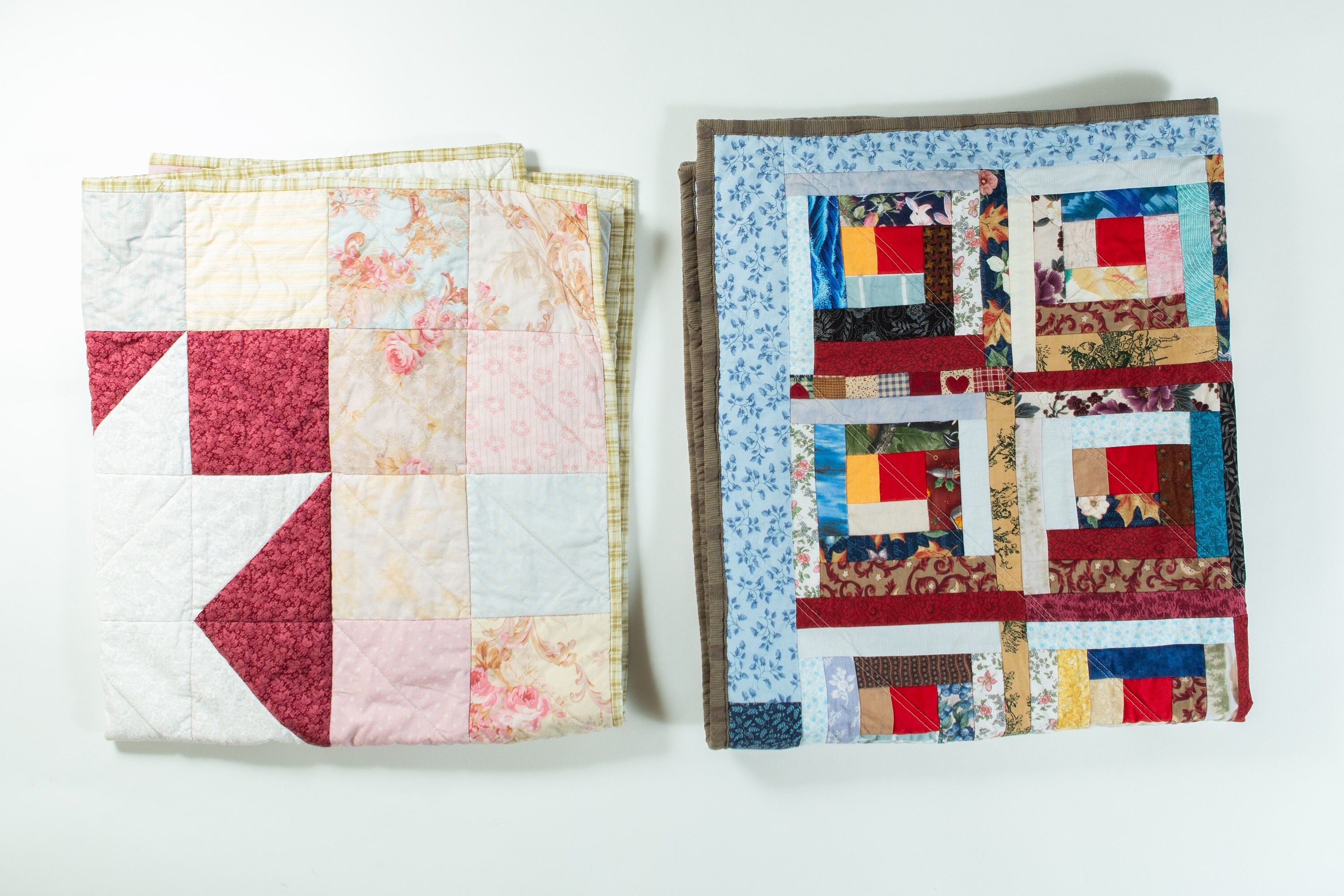 2 Vintage Quilts Handsewn Fabric Blanket Large Quilted Geometric Starburst Diamond Pyramid