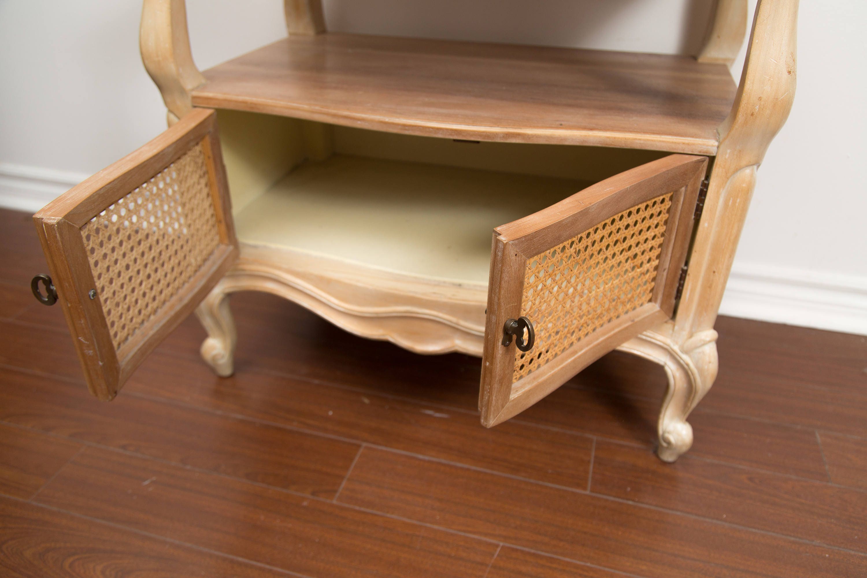 Wood Side Table with Caning and Queen Anne Legs / Mid Century Modern