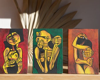 Original Acrylic Painting on Board - Set of 3 Figural Intimate Paintings of Female / Male Figures