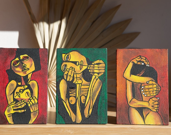 Original Acrylic Painting on Board - Set of 3 Figural Intimate Paintings of Female / Male Figures