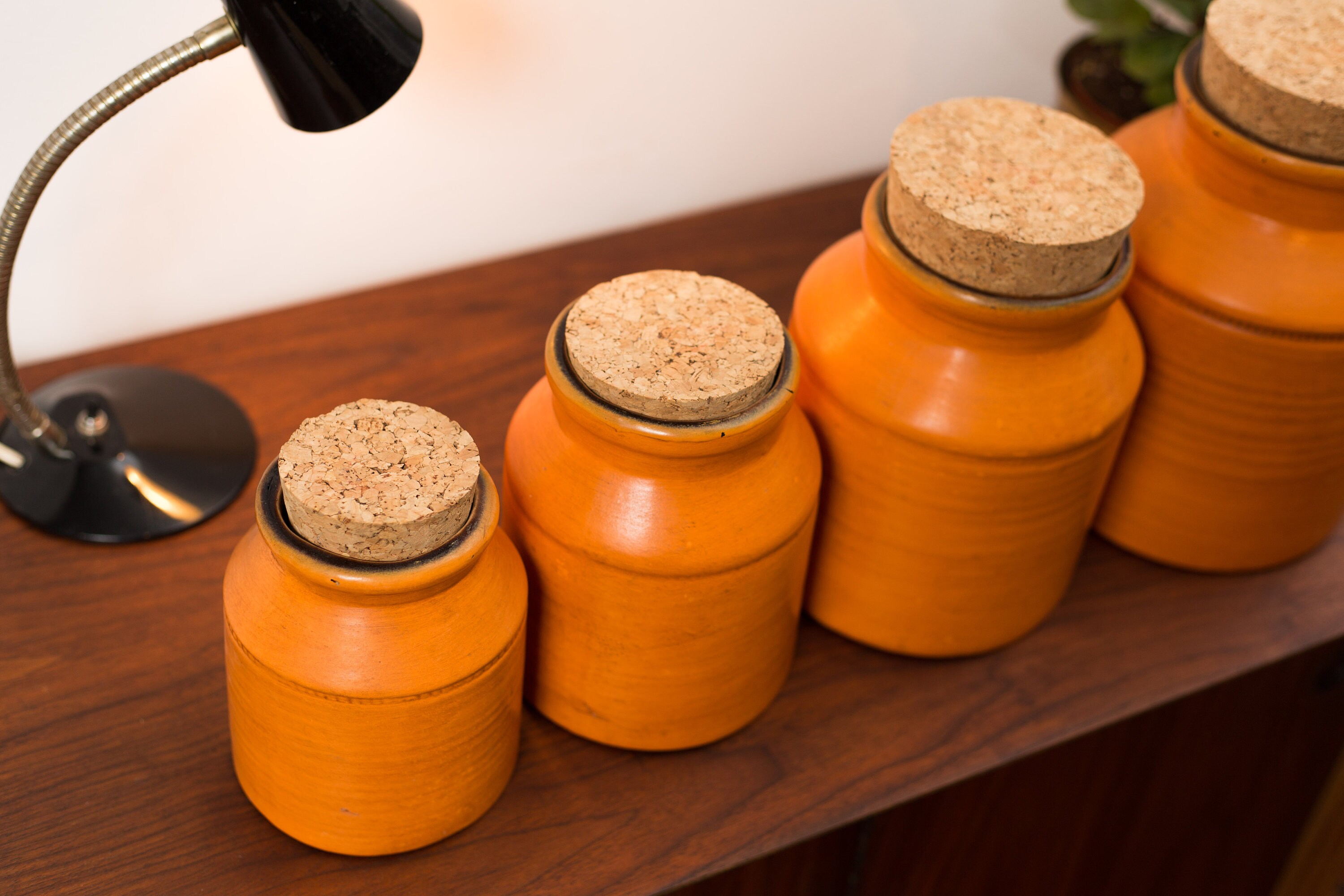 Vintage Canister Set 4 Orange Ceramic Glazed Retro Kitchen coffee