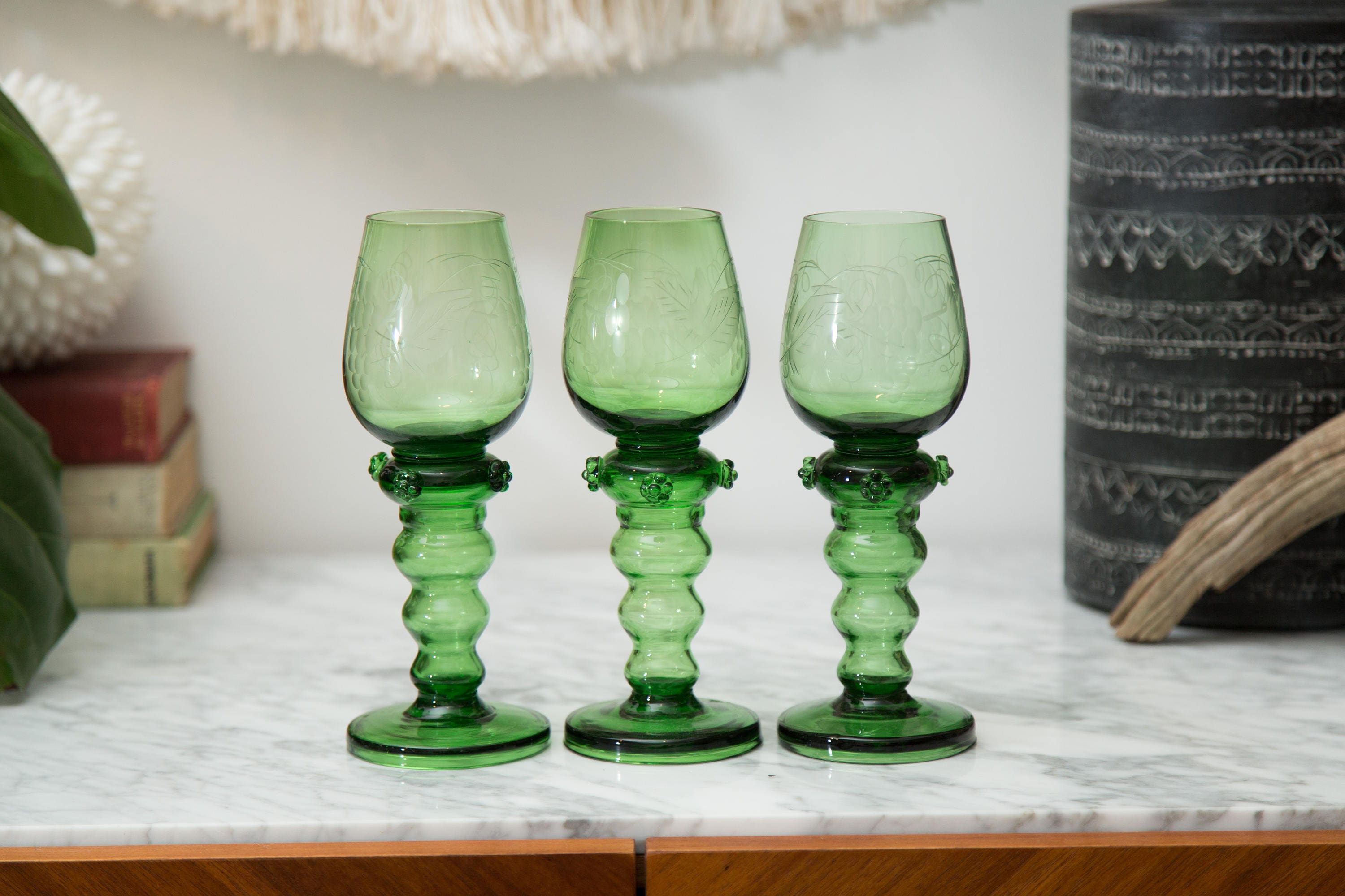 Green Wine Glasses Antique Handblown Floral Etched Set of 3 Tropical