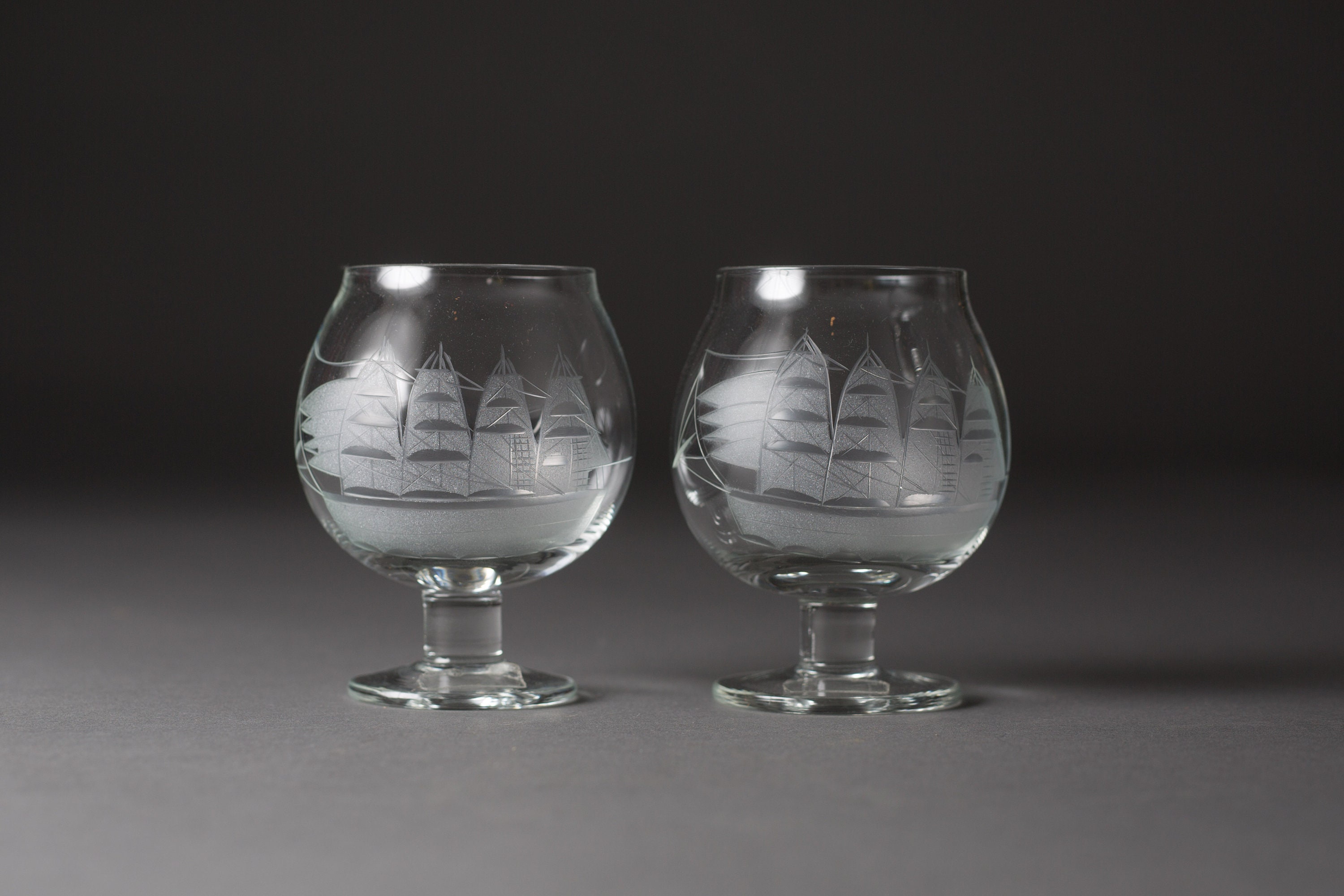 2 Vintage Brandy Glasses 4.5oz Etched Sailing Ship Glasses Retro