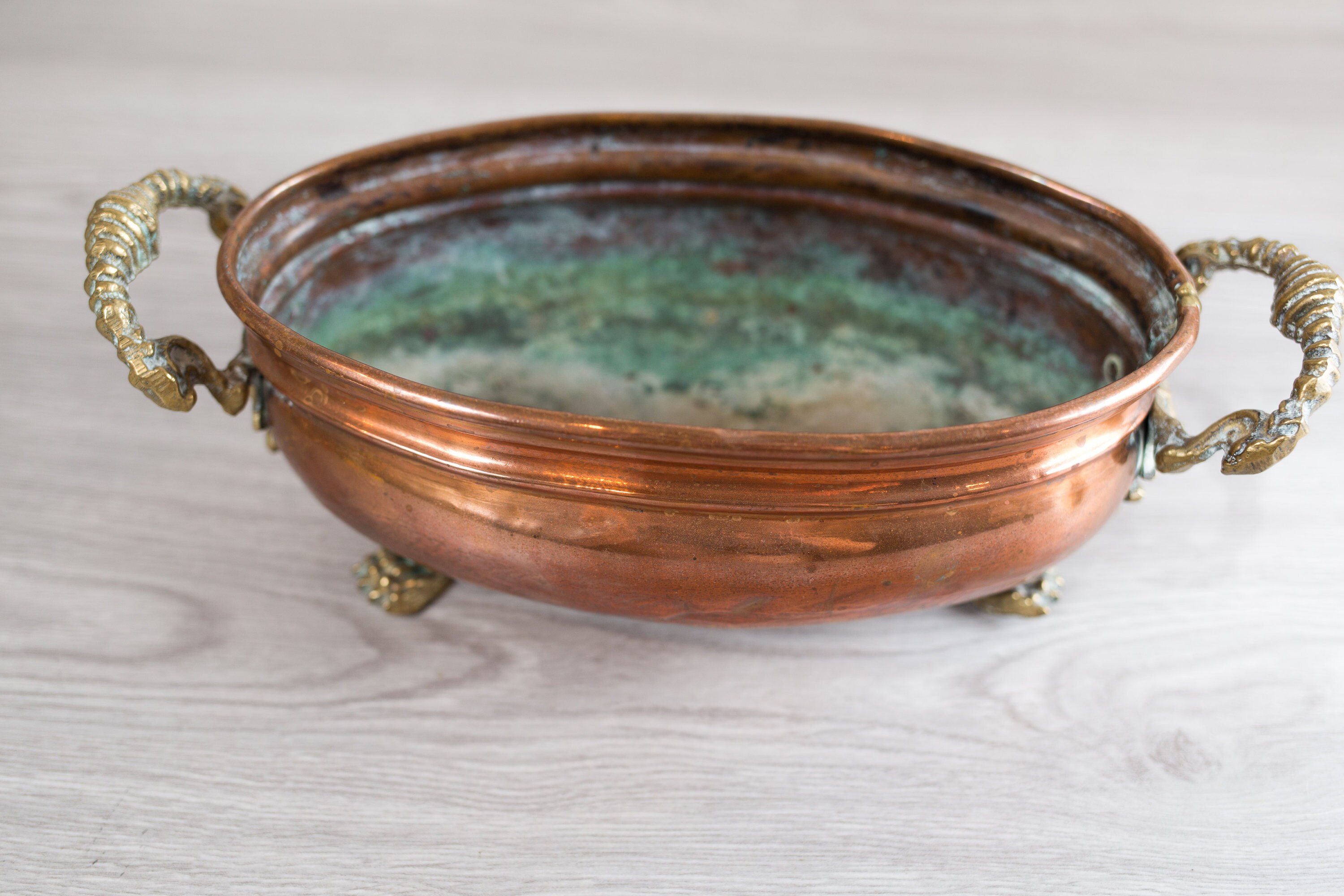 Vintage Copper Planter Oval Metal Pot with Brass Handles and Feet
