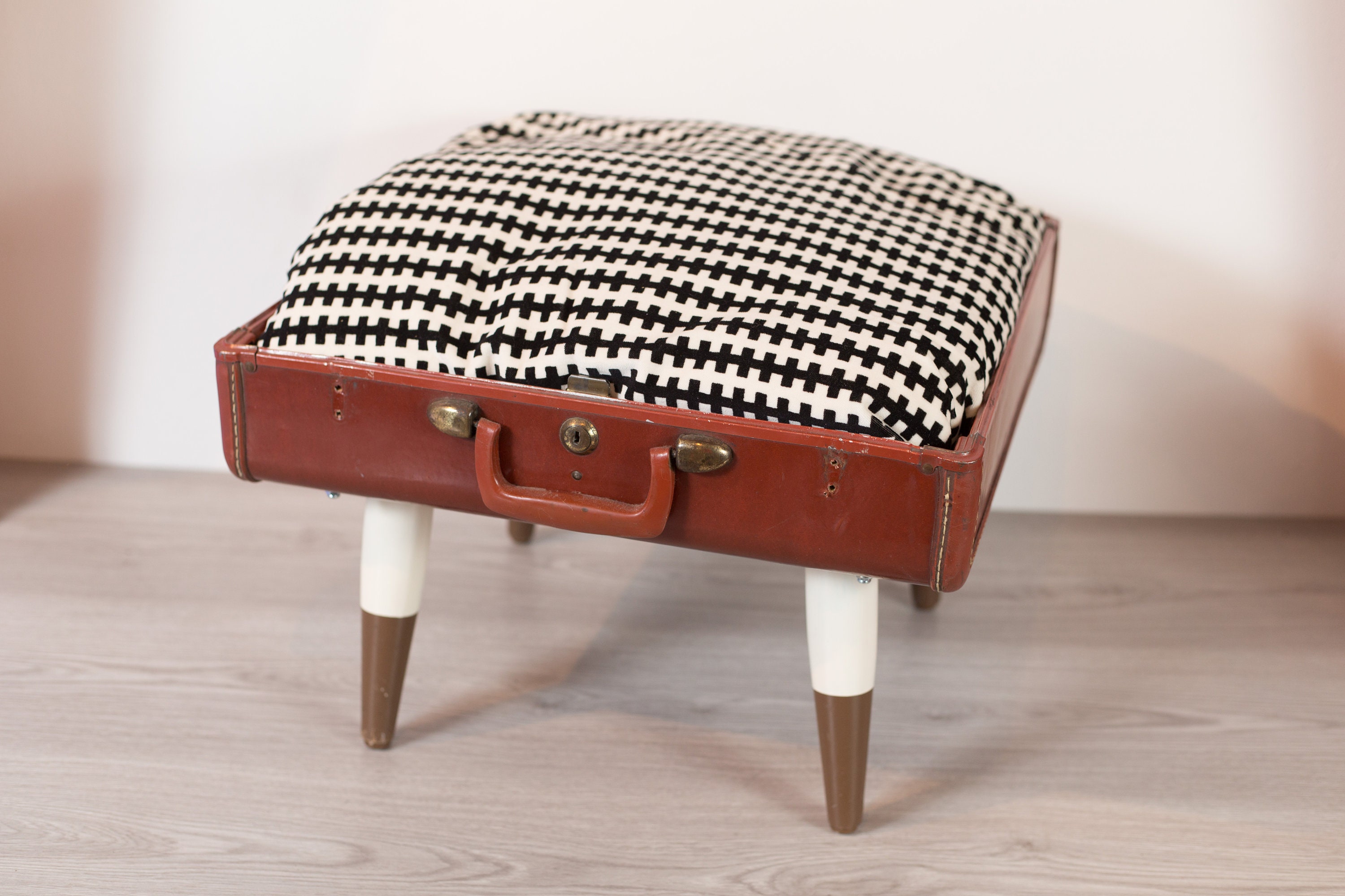 Suitcase Pet Bed for a Dog or Cat Upcycled Footstool
