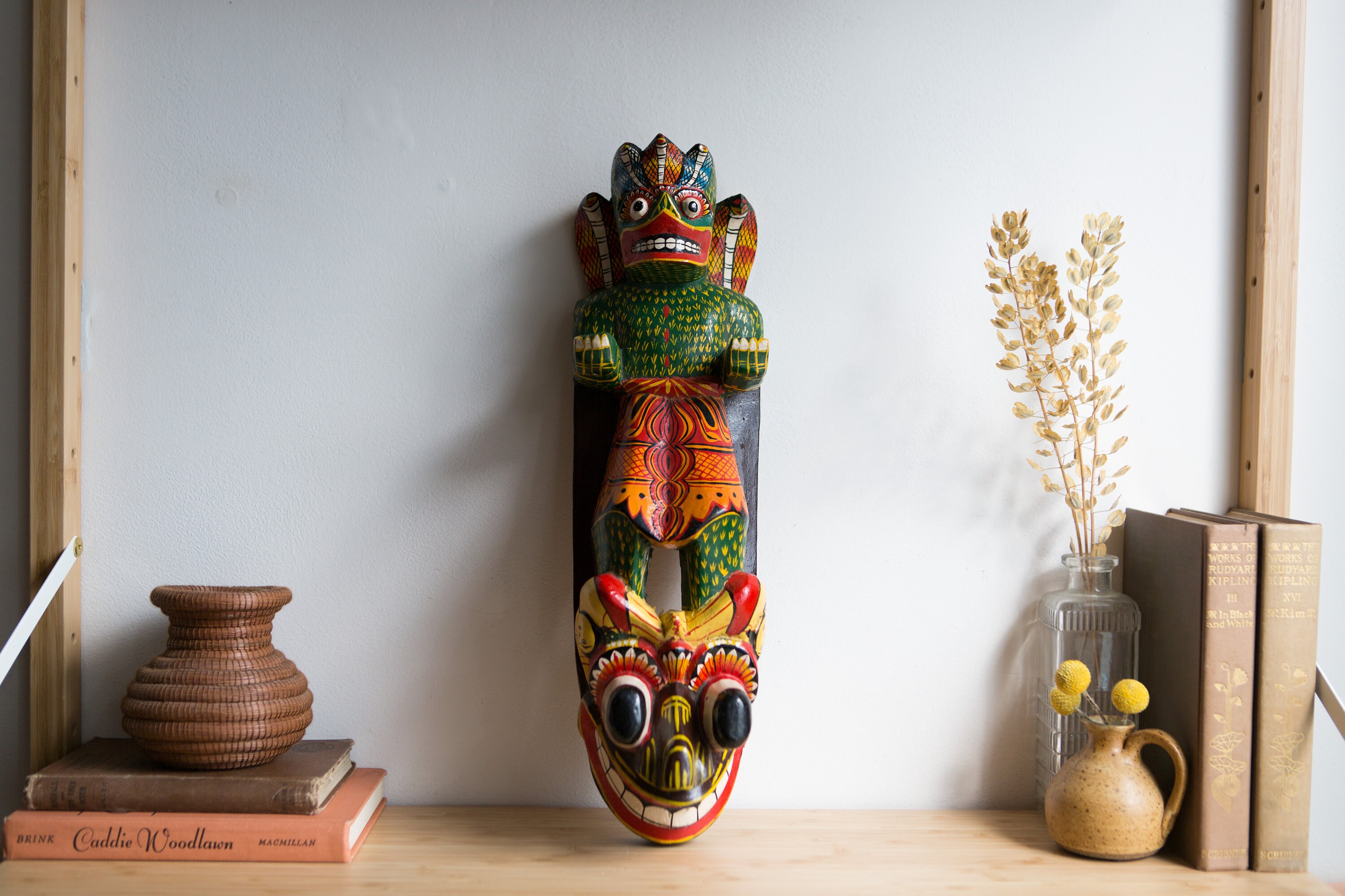 Wood Totem Wall Hanging Handcarved and Painted Sri Lankan Cobra Mask Sculpture Red and Green