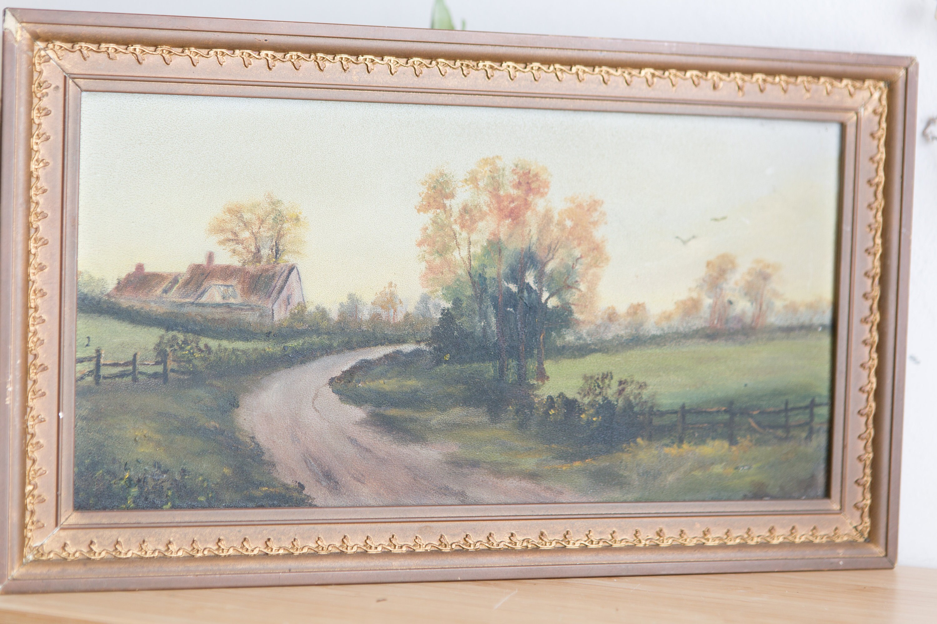 Antique Framed Painting on Board Rustic Country Landscape Scene with