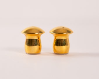 Gold Tone Salt and Pepper Shakers - Vintage Mushroom Shaped Art Deco / Hollywood Regency Tableware Decor
