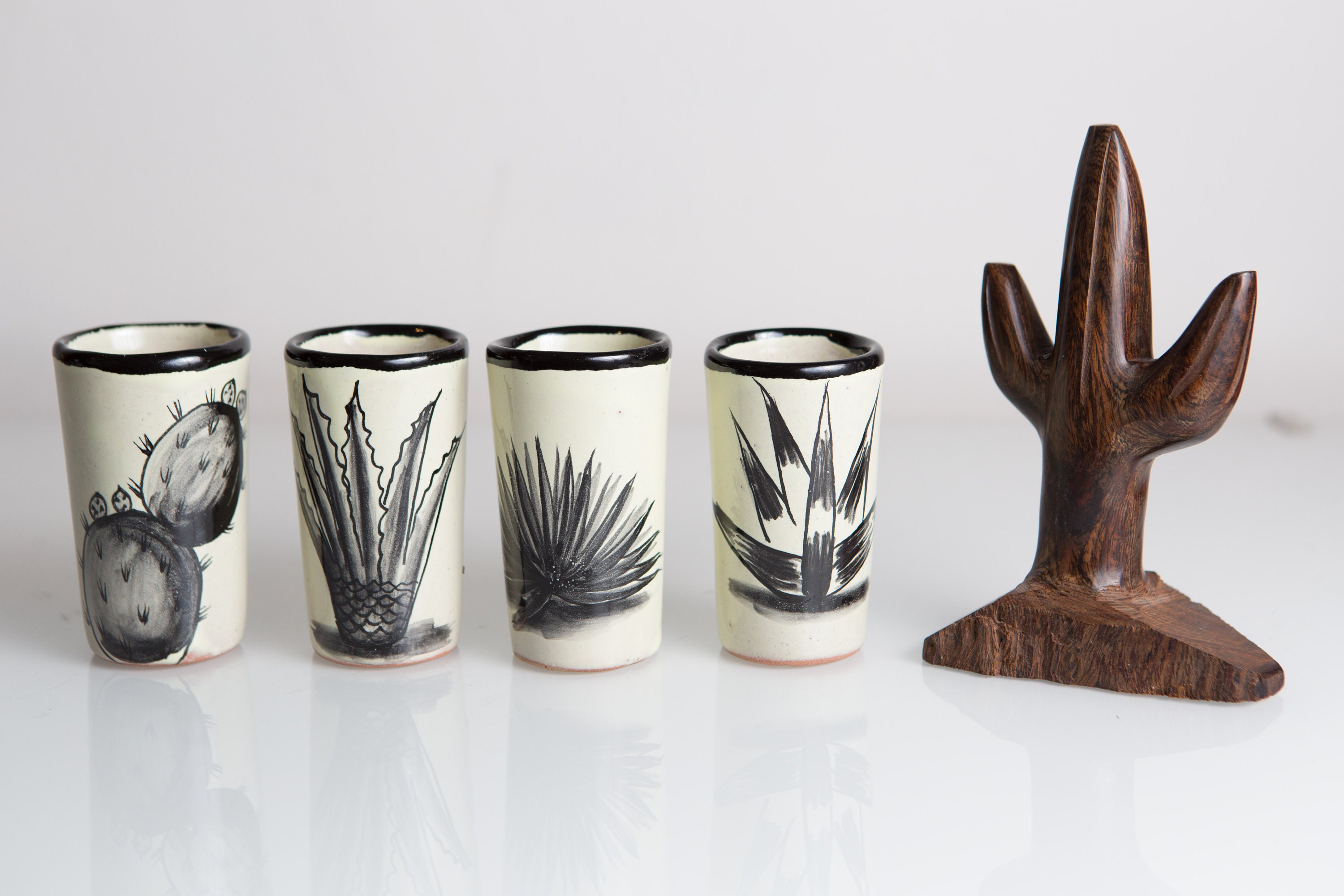 4 Cactus Shot Glasses and a Handcarved Wood Cactus