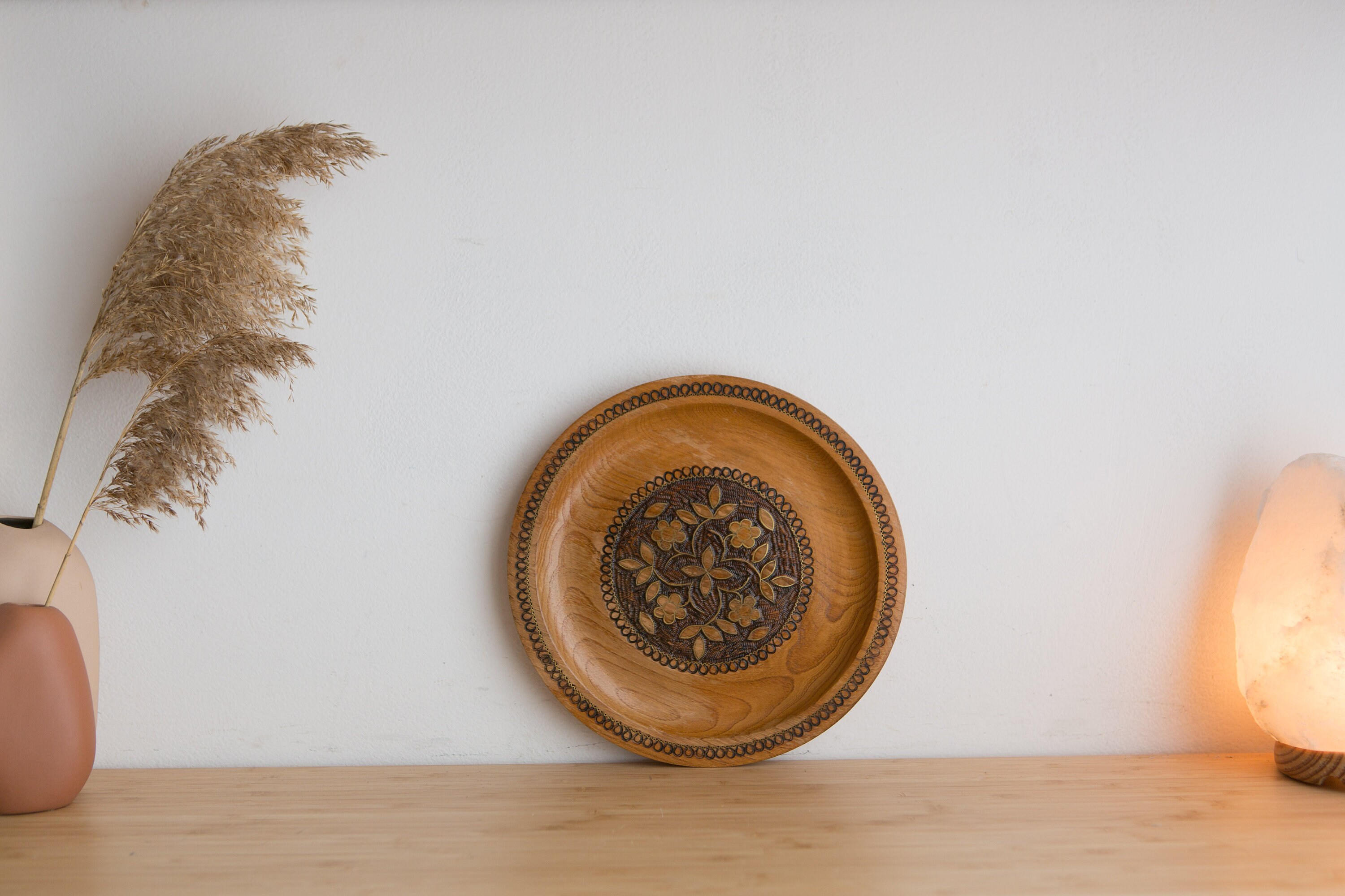 Decorative Wall Plate Hand Carved and Painted Wood Plate with Floral