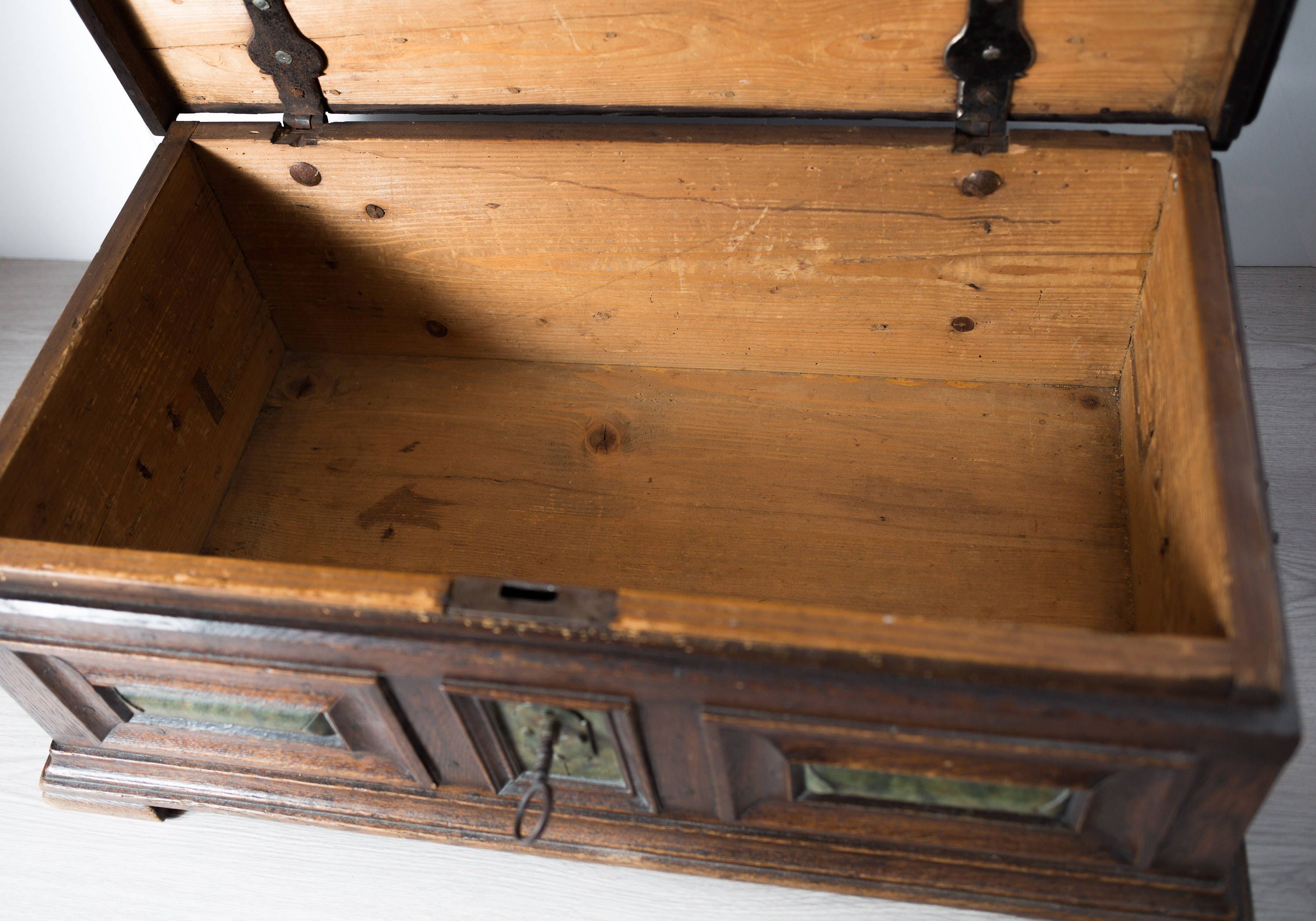 Antique Wood Chest / Hand Carved European Primitive Rustic Wood Storage