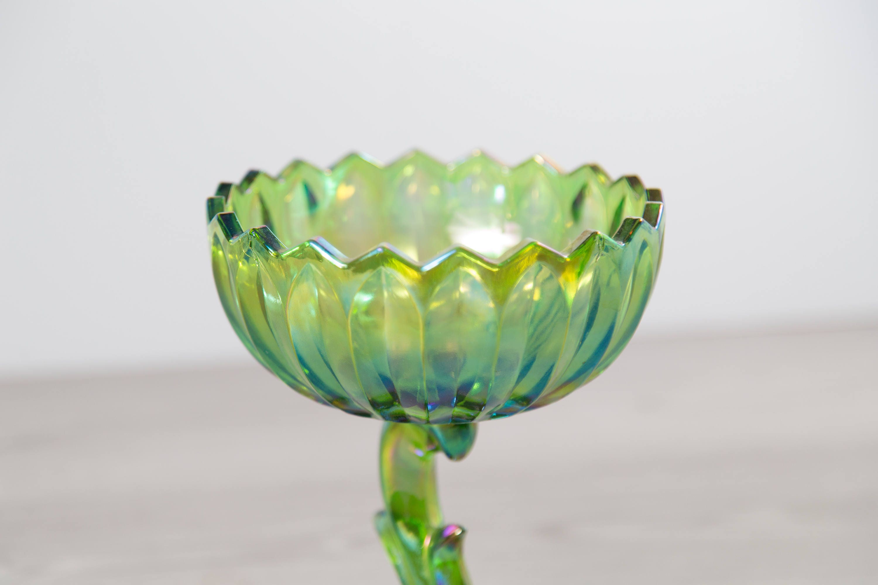Vintage Iridescent Candy Dish Antique Green Petal Stemmed Indiana