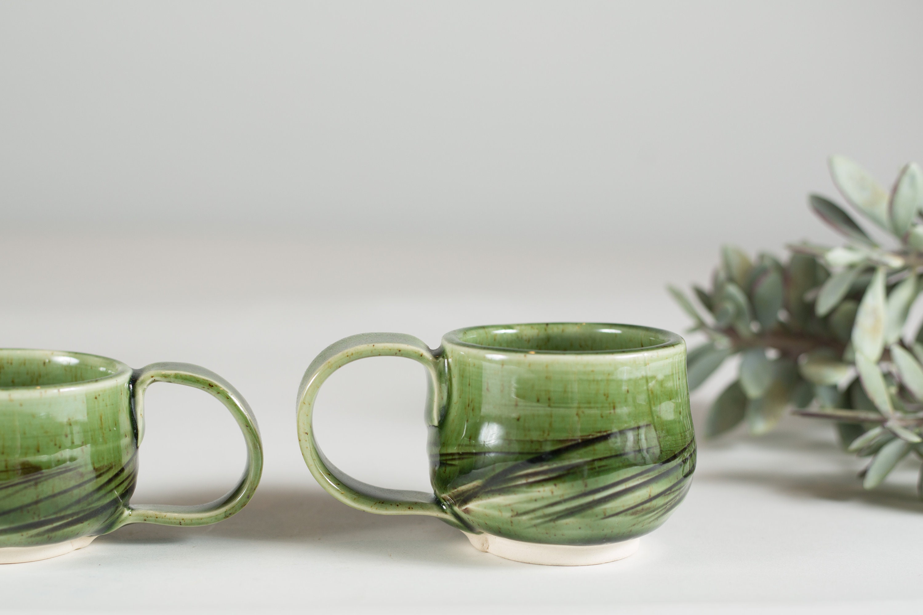 Vintage Green Mugs / Pair of Ceramic Coffee Cups / Boho Modern Dark