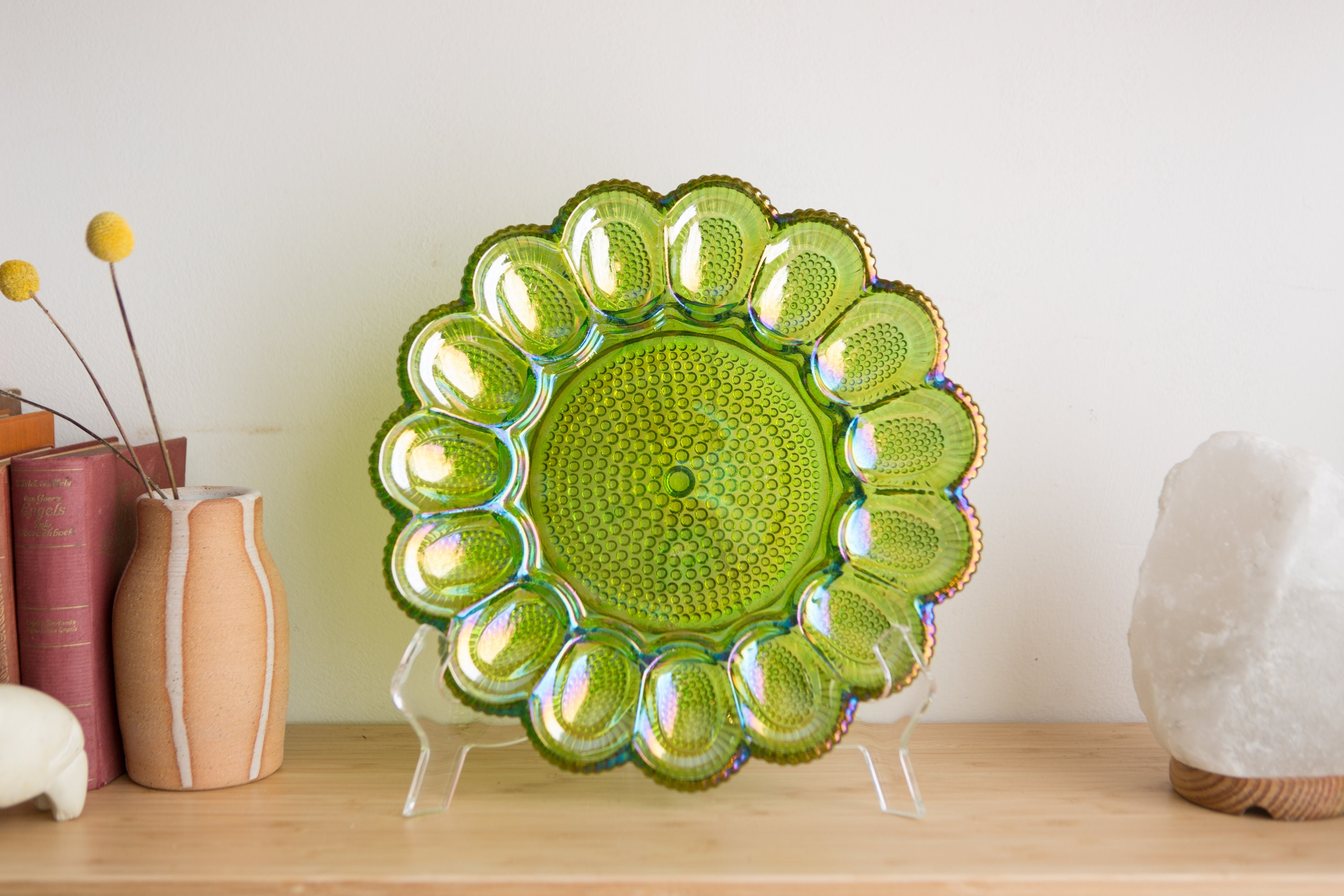 Vintage Deviled Egg Plate Indiana Glass Iridescent Green Hobnail