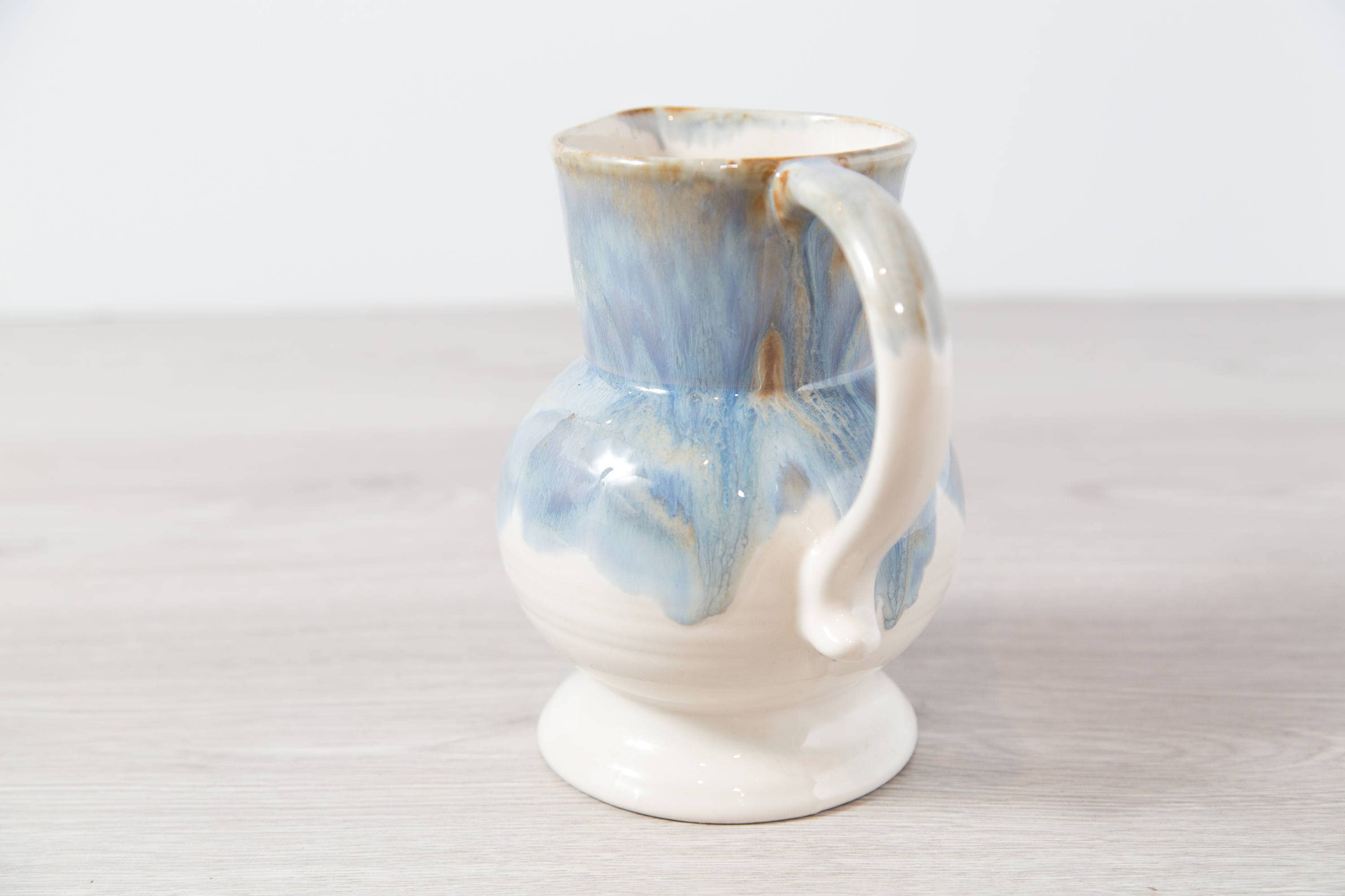 Vintage Drip Glaze Pitcher / Blue and White Marbled Ceramic Juice