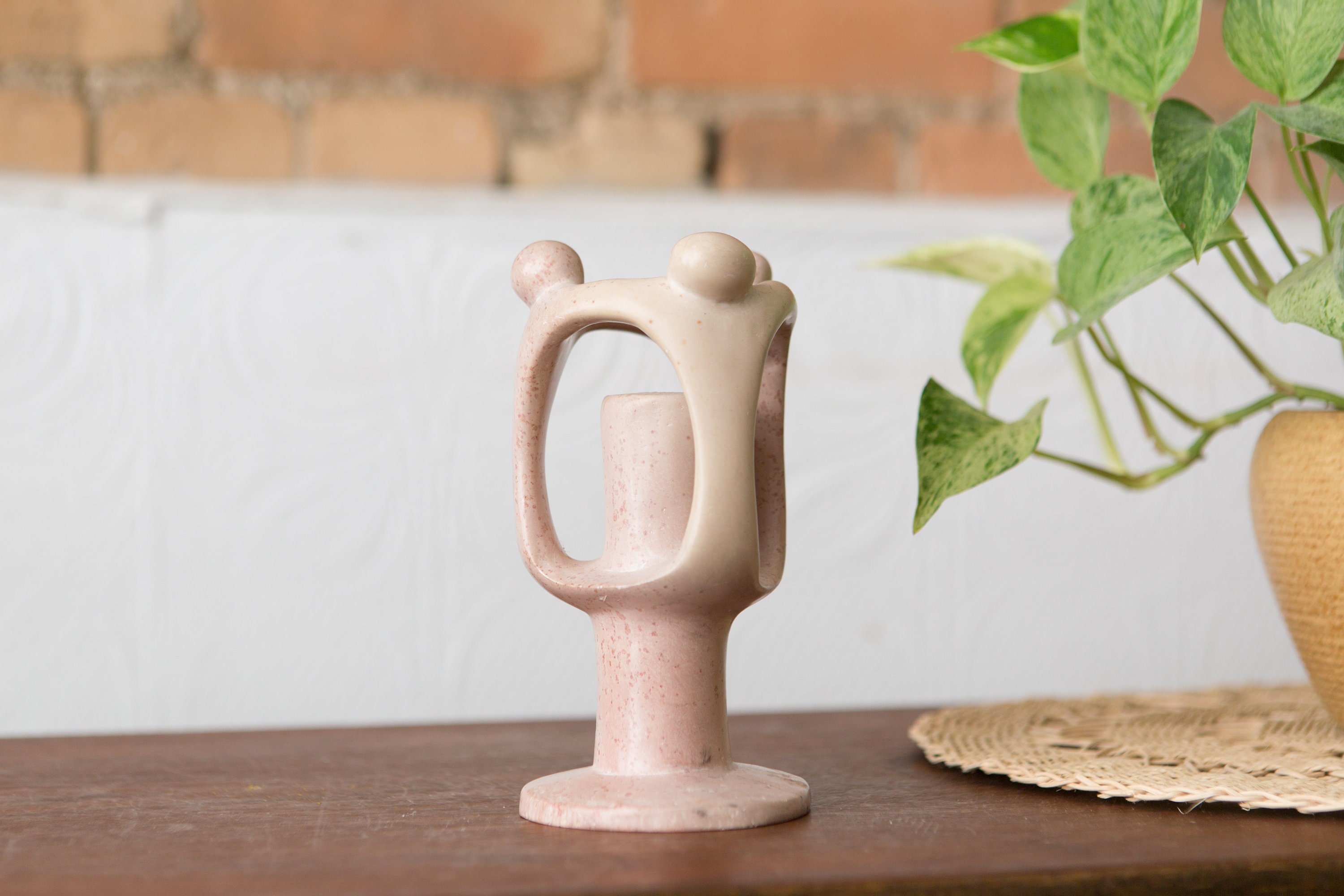 African Soapstone Candle Holder Kenyan Hand Carved Minimalist Pink